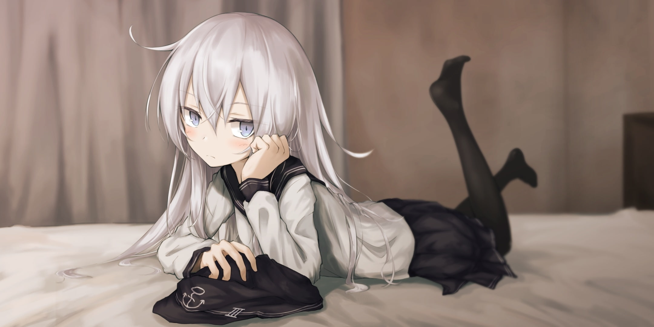 costume, indoors, furniture, leisure activity, lifestyles, hibiki, focus on foreground, home interior, kancolle, lying down, mask - disguise, beautiful woman, HD Wallpaper