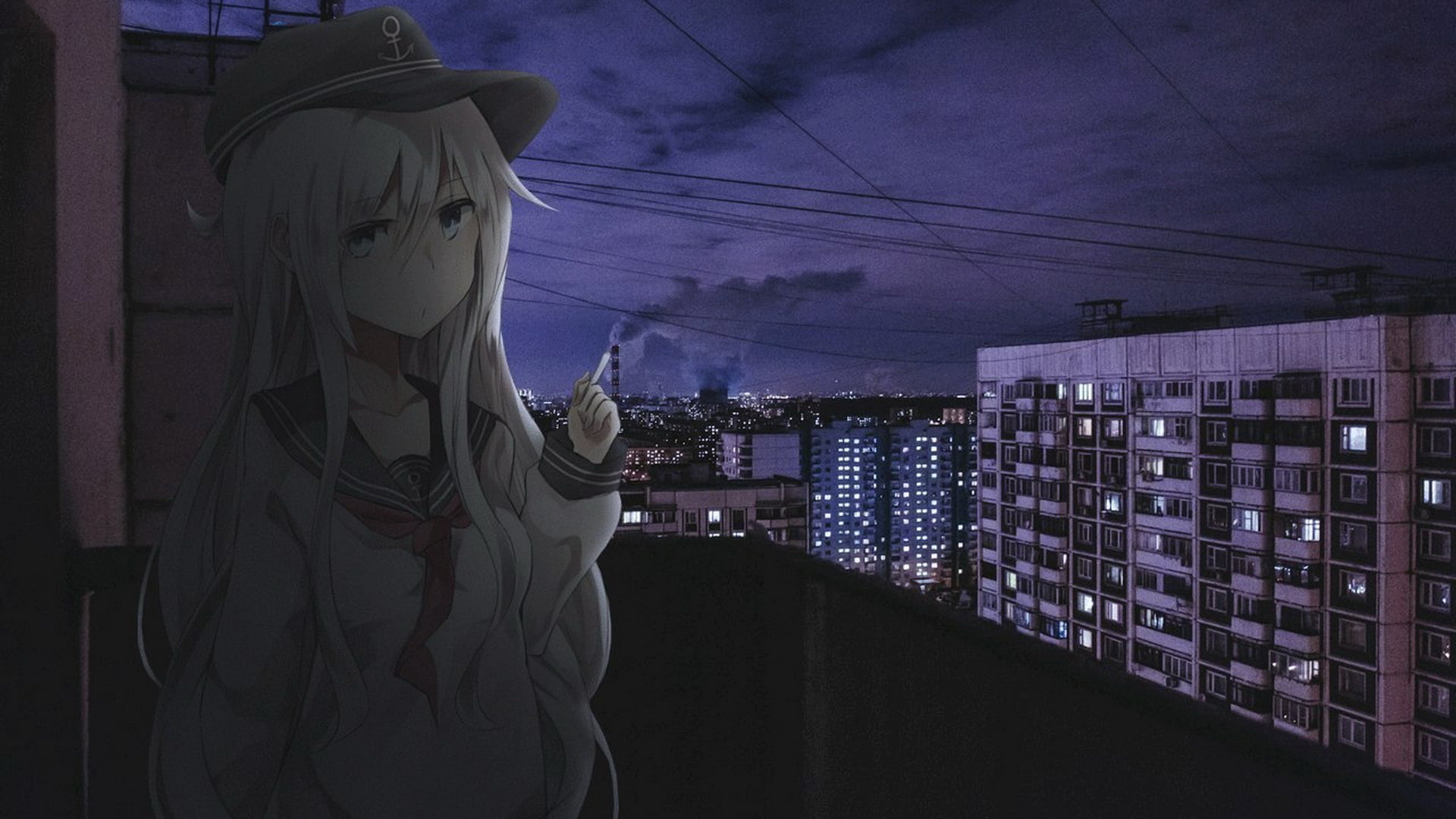 anime girls, 1080P, Hibiki (KanColle), Kantai Collection, fan art, realistic, cityscape, dark, anime, HD Wallpaper