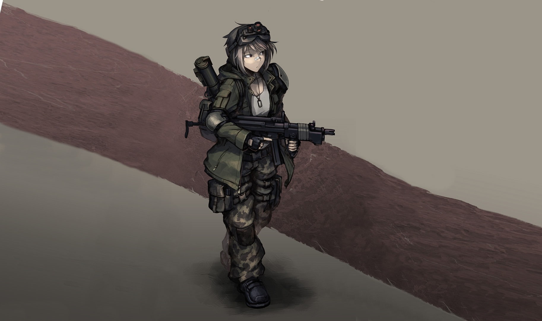 clothing, standing, front view, indoors, holding, weapon, machine gun, gun, rifle, 720P, young adult, women, one person, anime girls, full length, Hetza, HD Wallpaper