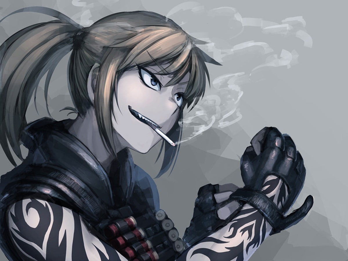 480P, tattoo, Hetza, smoking, gloves, Kantai Collection, anime, anime girls, Hellshock, HD Wallpaper