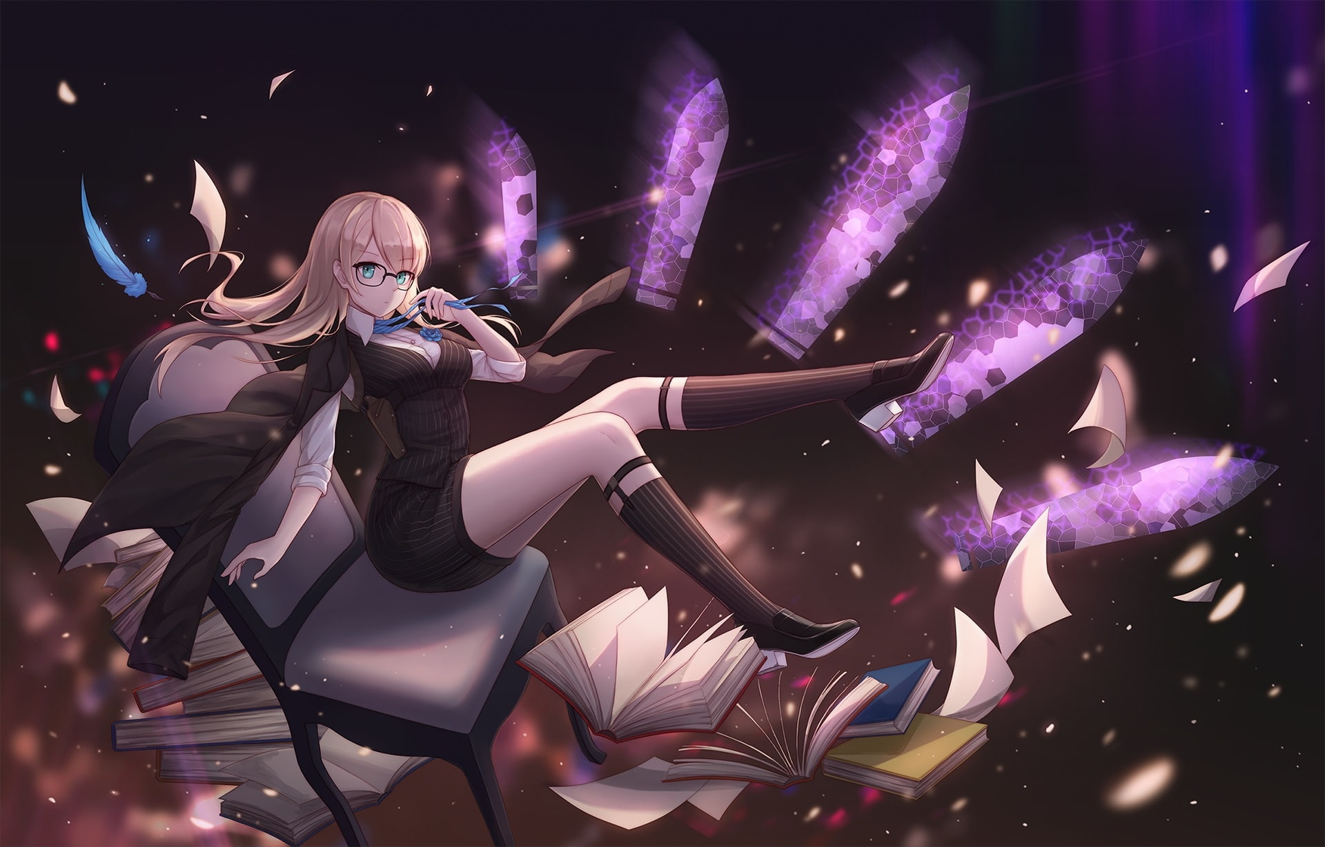 1080P, books, chair, Anime, kantai collection, kancolle, bismarck, blonde, meganneko, HD Wallpaper