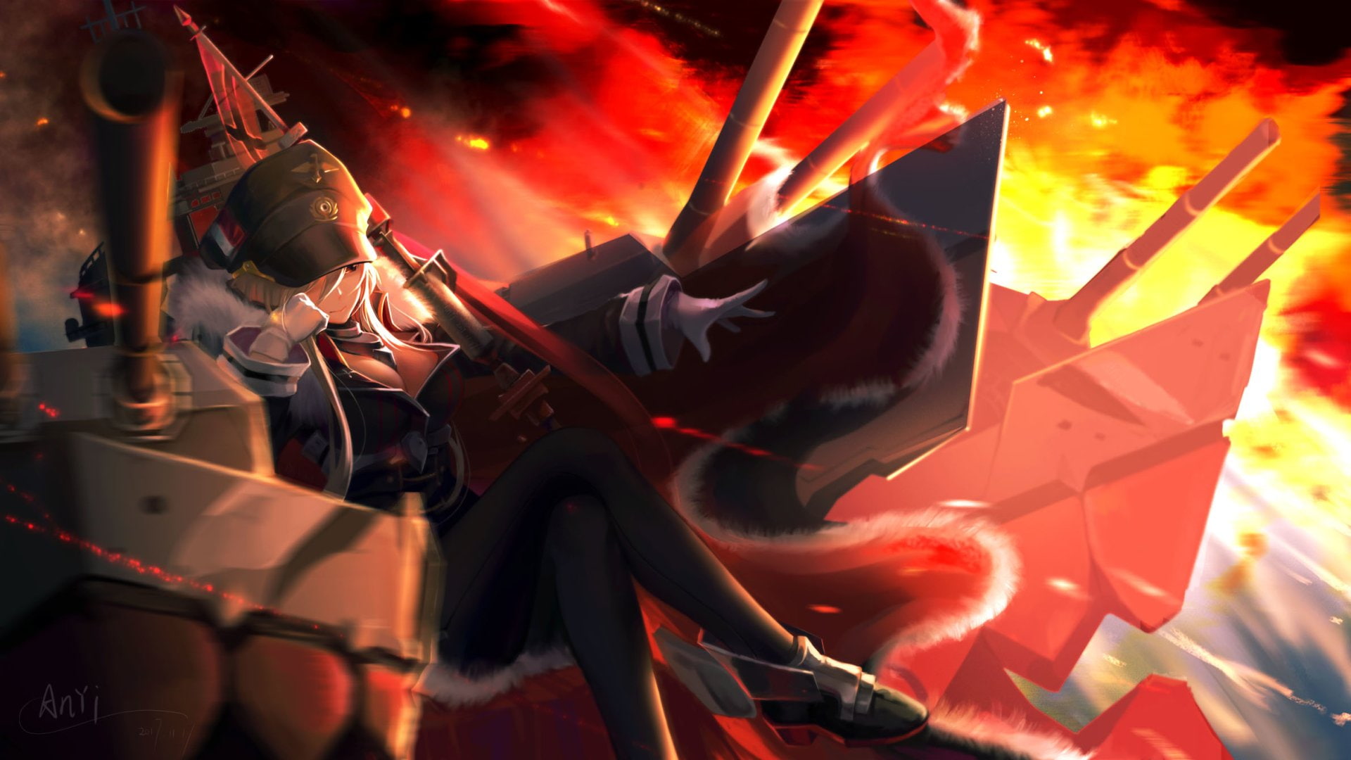 front view, Girl, headshot, illuminated, music, burning, Hat, Long Hair, Weapon, Blonde, Sitting, young adult, people, adult, selective focus, 1080P, Pantyhose, HD Wallpaper