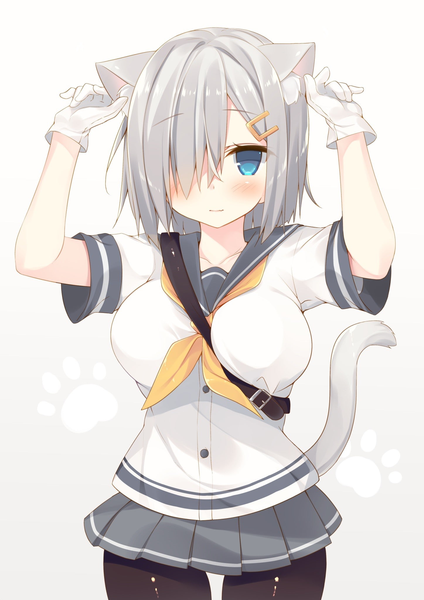 Kantai Collection, Hamakaze (KanColle), nekomimi, 1080P, anime, gray hair, short hair, blue eyes, anime girls, tail, animal ears, Phone HD Wallpaper
