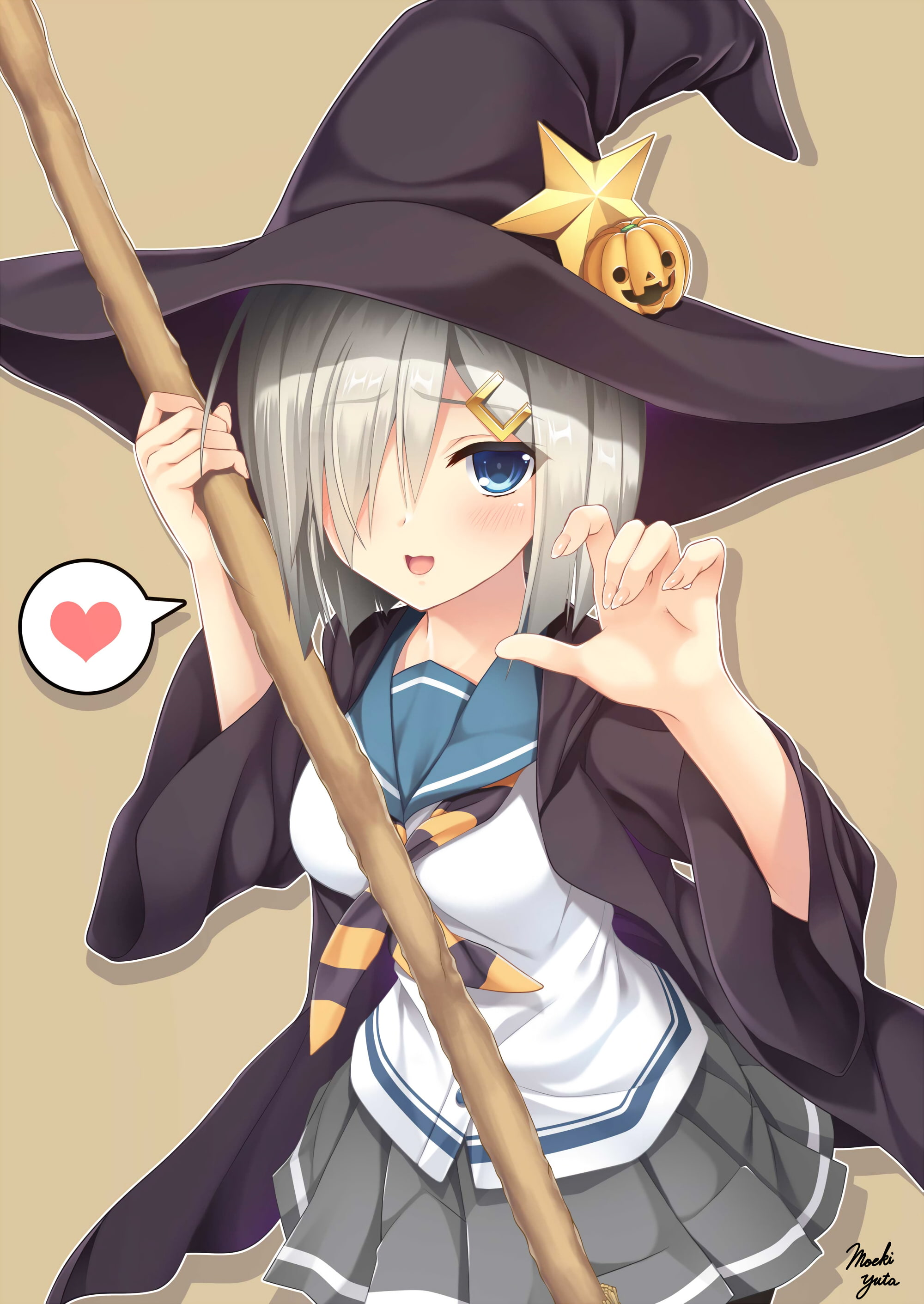 Halloween, anime girls, witch hat, Kantai Collection, gray hair, anime, short hair, 2K, Hamakaze (KanColle), skirt, blue eyes, Phone HD Wallpaper