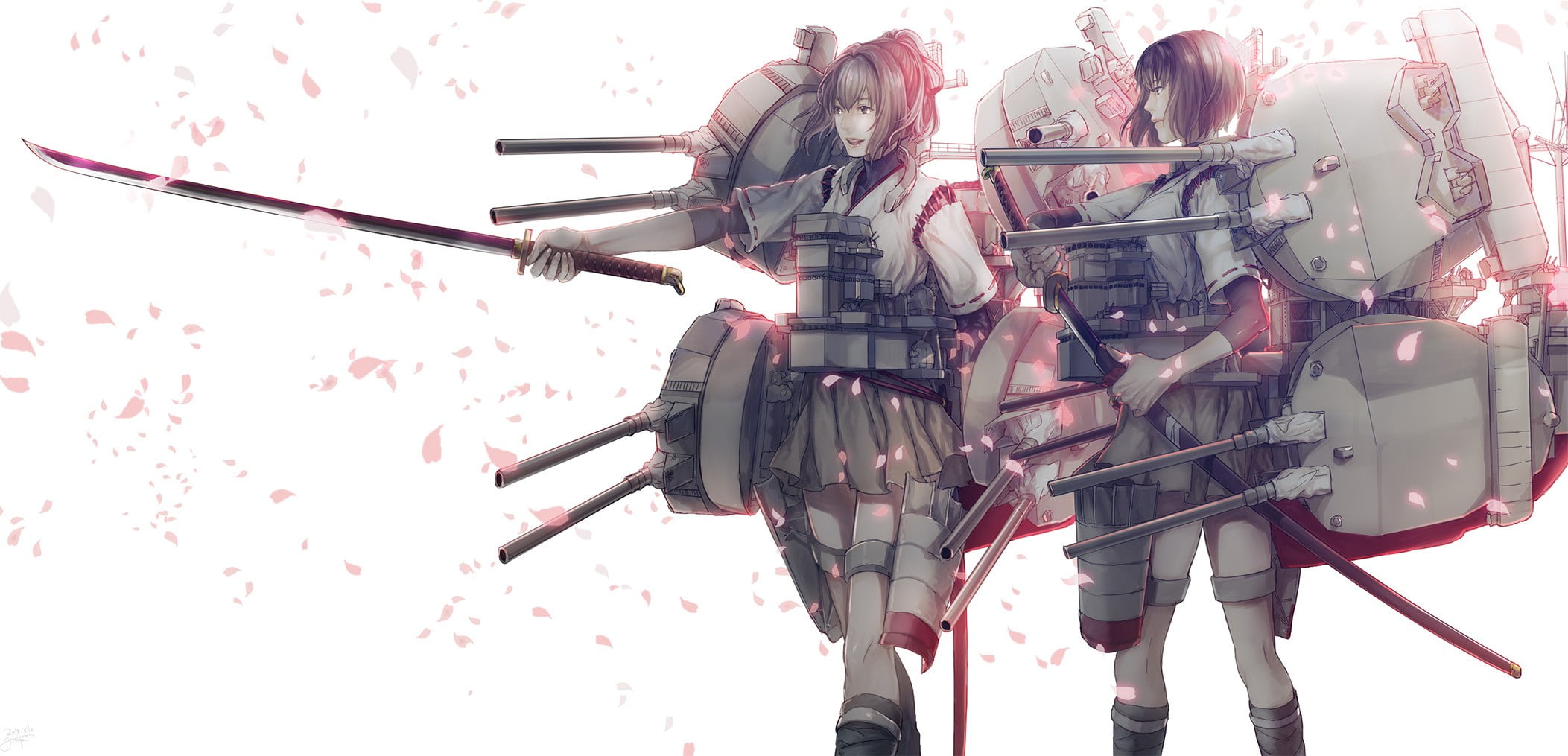 pink color, women, white background, Ise (KanColle), studio shot, technology, low angle view, front view, two, mode of transportation, no people, rifle, HD Wallpaper