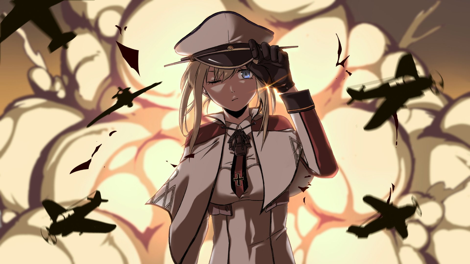 Uniform, Long Hair, Airplane, Explosion, Hat, Graf Zeppelin (Kancolle), Blue Eyes, 1080P, Wink, Anime, Blonde, Kantai Collection, HD Wallpaper