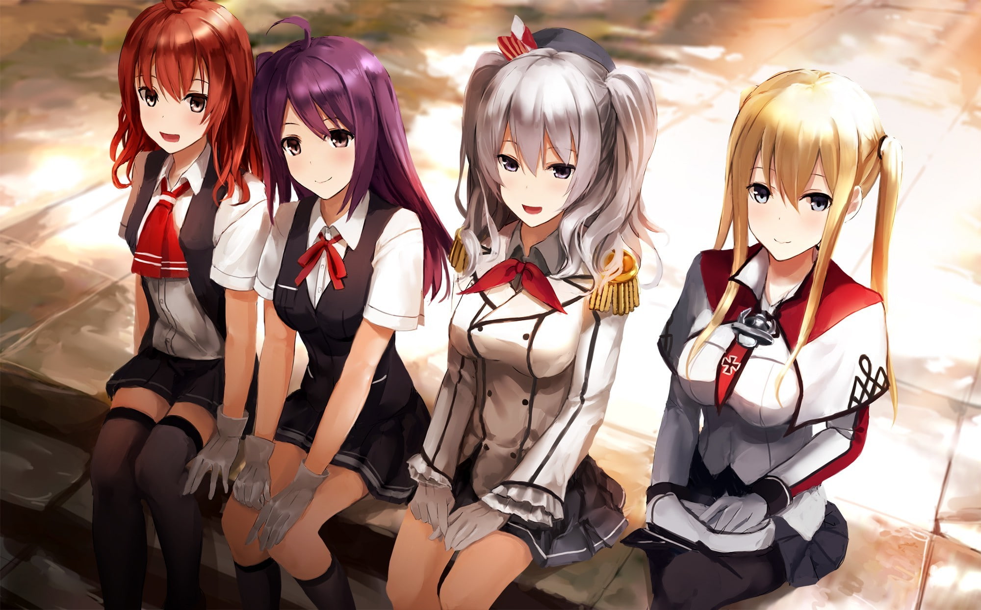1080P, Kashima (KanColle), School Uniform, Kantai Collection, anime, Anime Girls, Graf Zeppelin (KanColle), Arashio (KanColle), Hagikaze (KanColle), HD Wallpaper