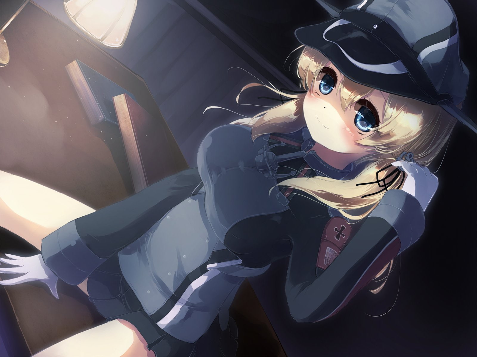 blonde, twintails, chihiro, skirt, uniform, hat, 720P, prinz, ribbons, eugen, blue, collection, gloves, hair, blush, eyes, gengetsu, kantai, (kancolle, HD Wallpaper