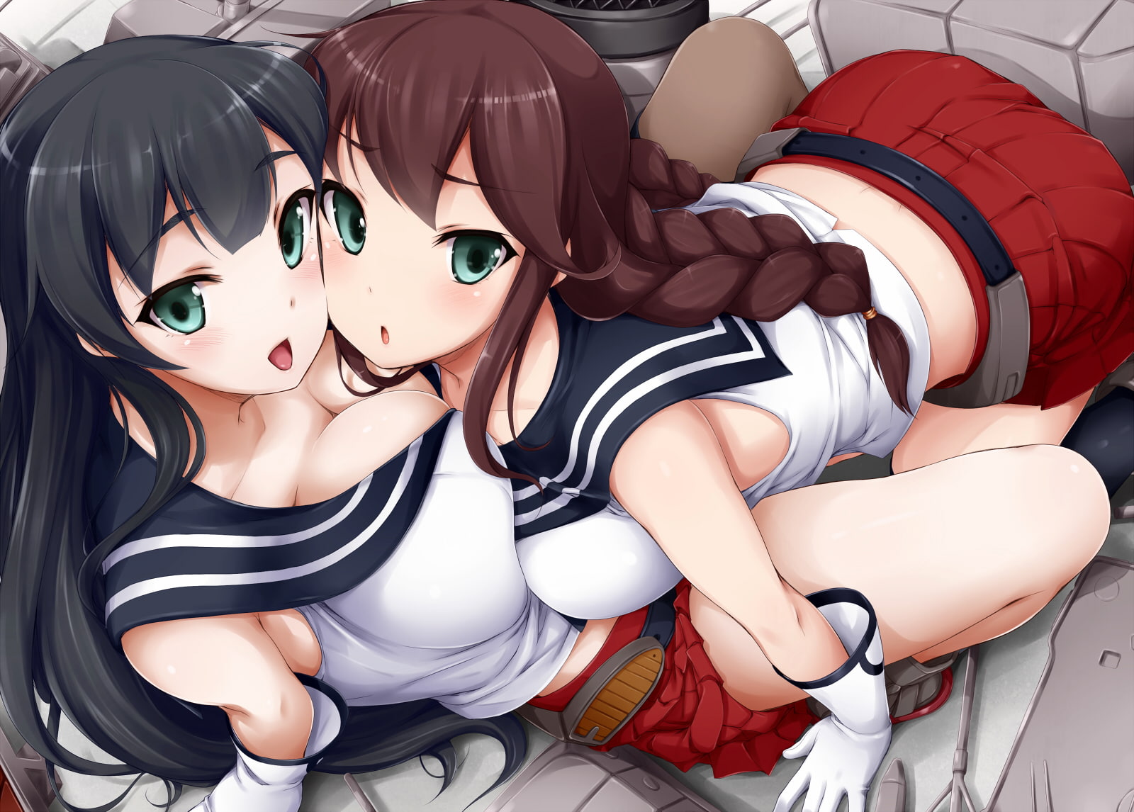 eyes, hair, breasts, gloves, brown, agano, 720P, zyaan, kancolle, collection, braids, kantai, blush, noshiro, green, black, long, girls, HD Wallpaper