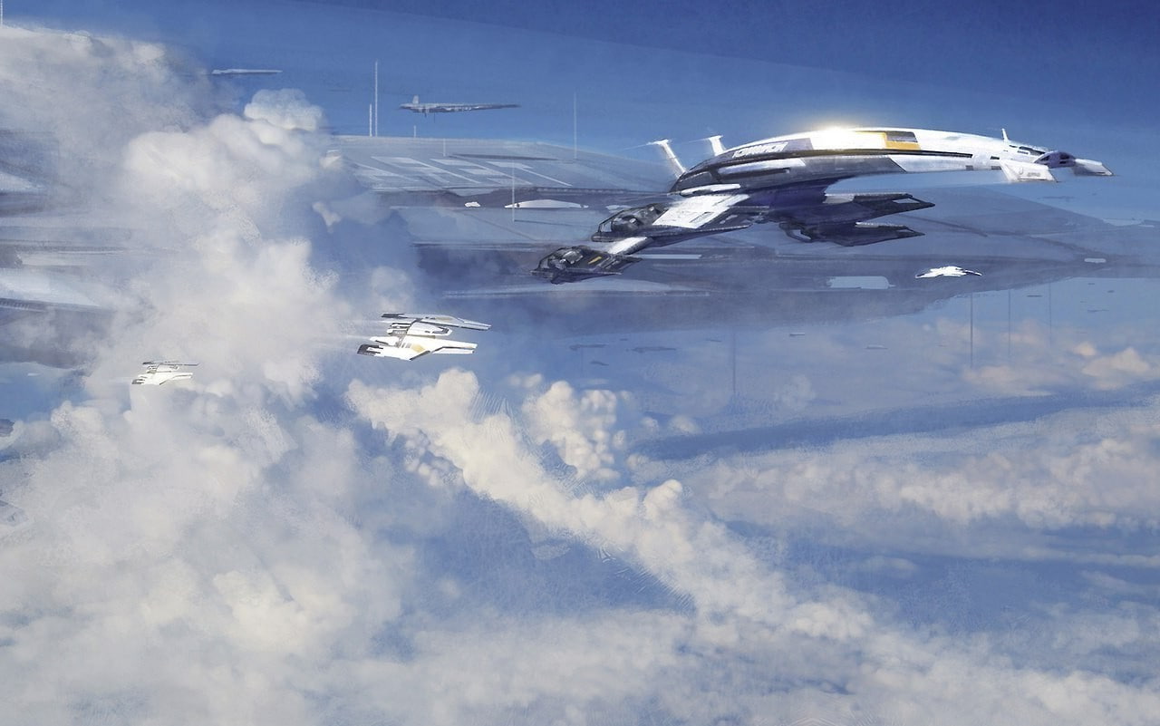 military, navy, mid-air, day, sky, aerial view, airplane, on the move, mass effect 2 normandy sr 2, military airplane, air vehicle, plane, fighter plane, HD Wallpaper