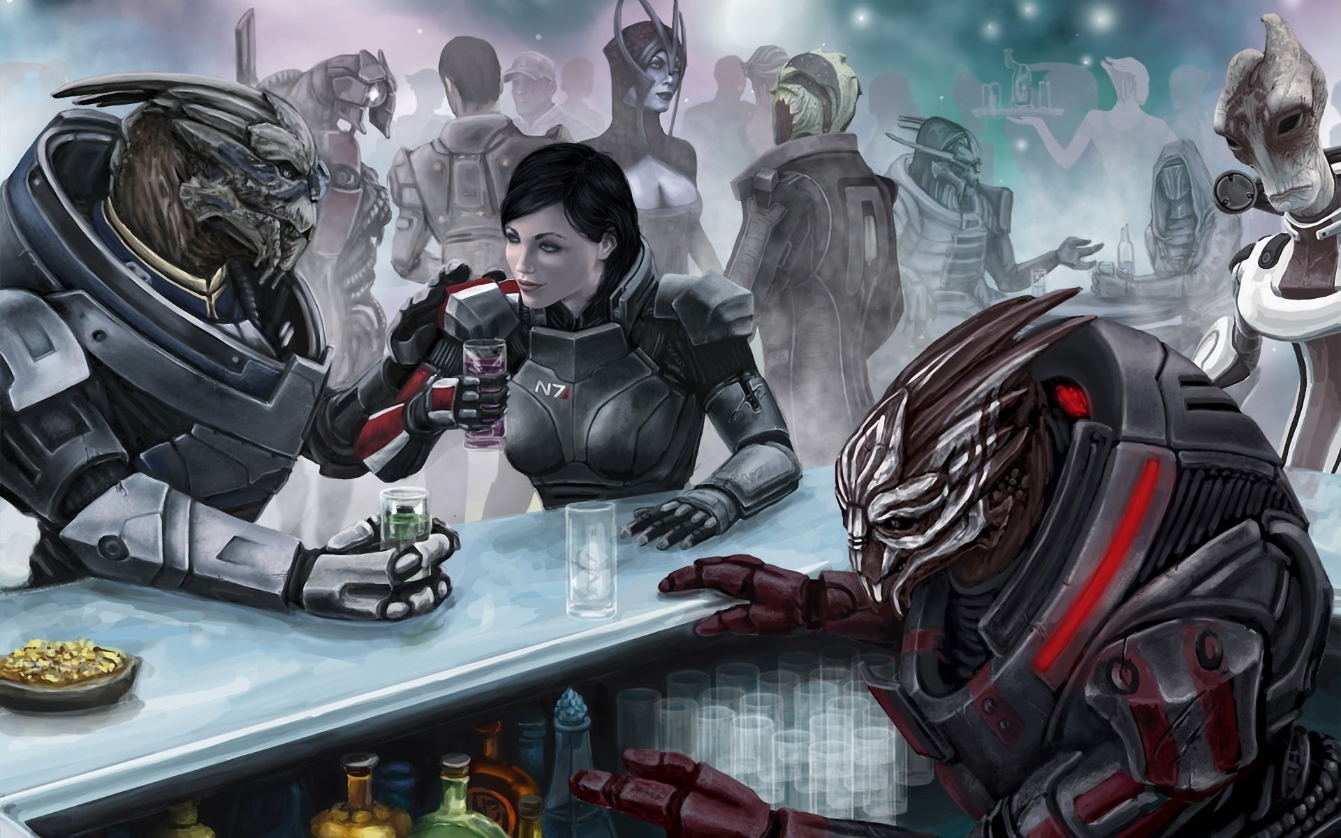 female, shepherd, garrus, illustration, character, vakarian, commander, 1080P, effect, shephard, mass, captain, HD Wallpaper