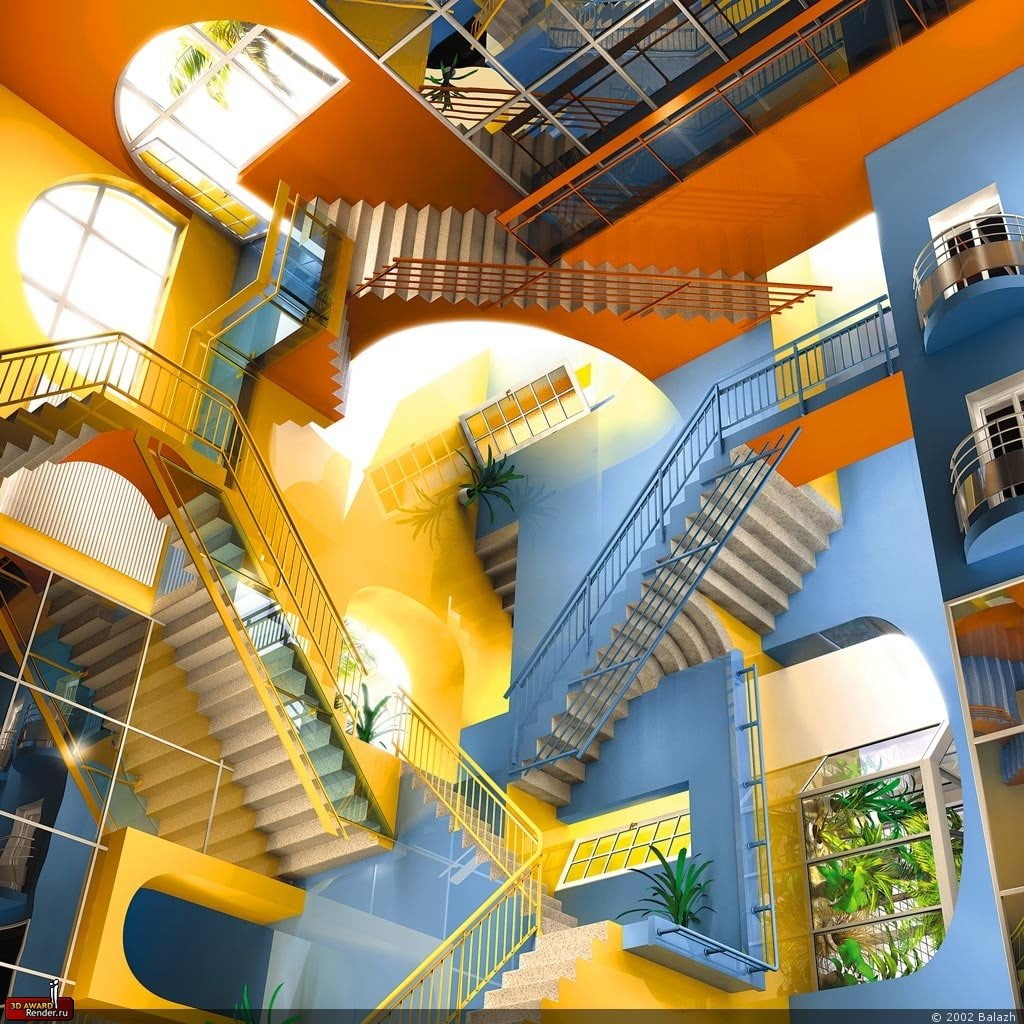 Illusion, yellow, factory, staircase, architecture, no people, modern, Man Made, railing, nature, day, low angle view, building exterior, outdoors, Stairs, Phone HD Wallpaper