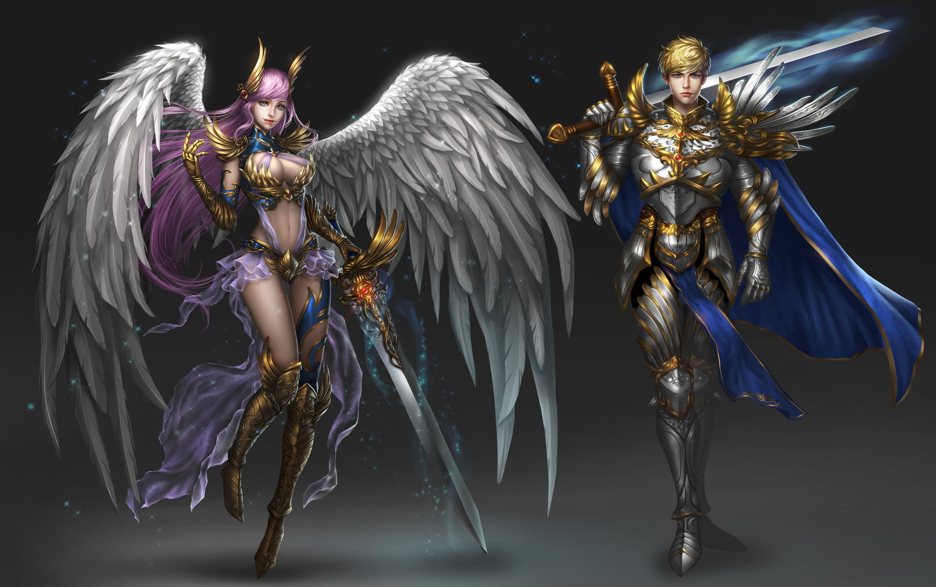 Art, Wings, Character, Angel, Style, Background, Girl, 1080P, Minimalism, Swords, Warrior, Rena Illusion, Fantasy, Man, HD Wallpaper