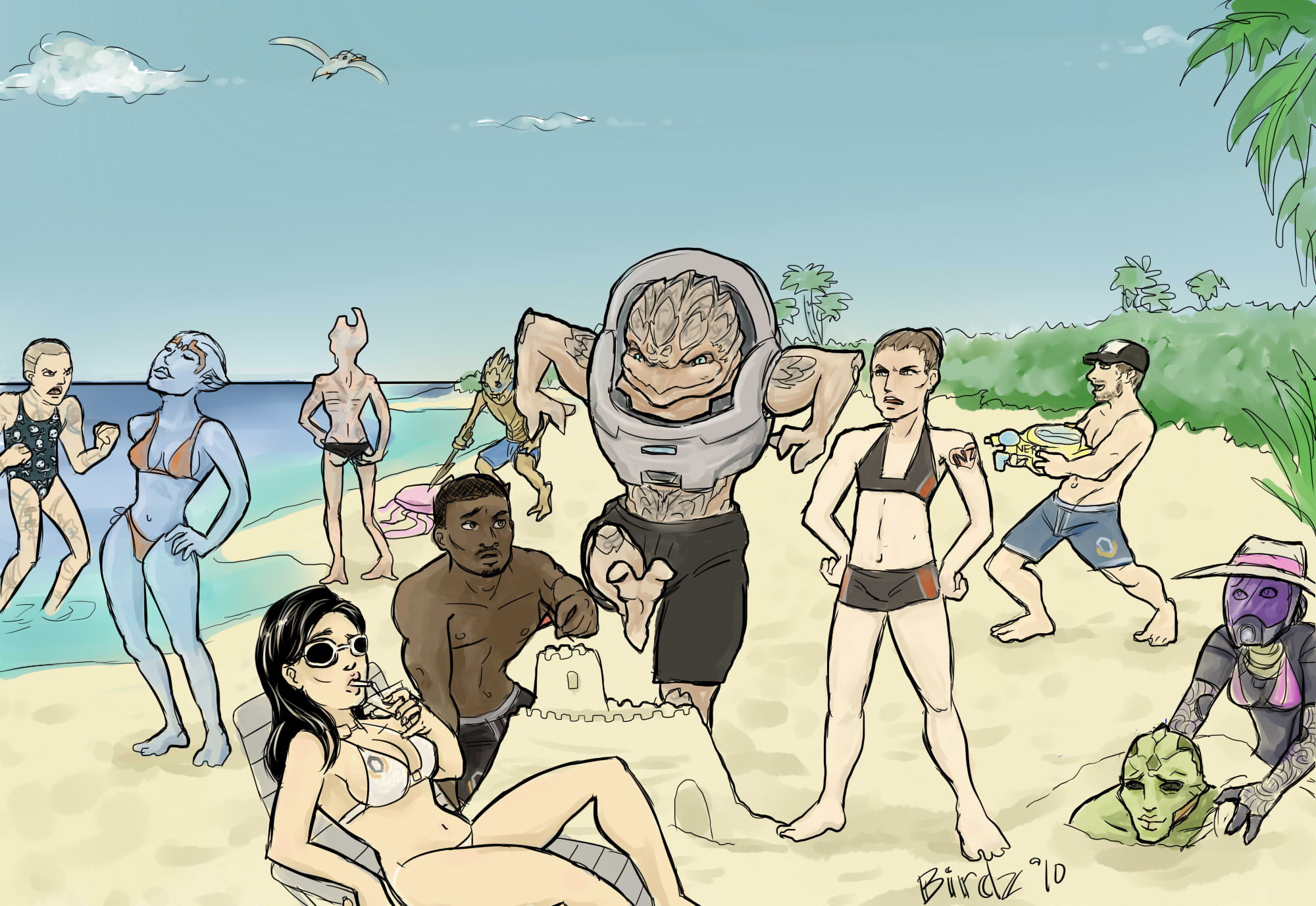 1080P, do not break, stay, Mass Effect, team, sea, vacation, castle, the crew, Crew on vacation, sand, krogan, HD Wallpaper
