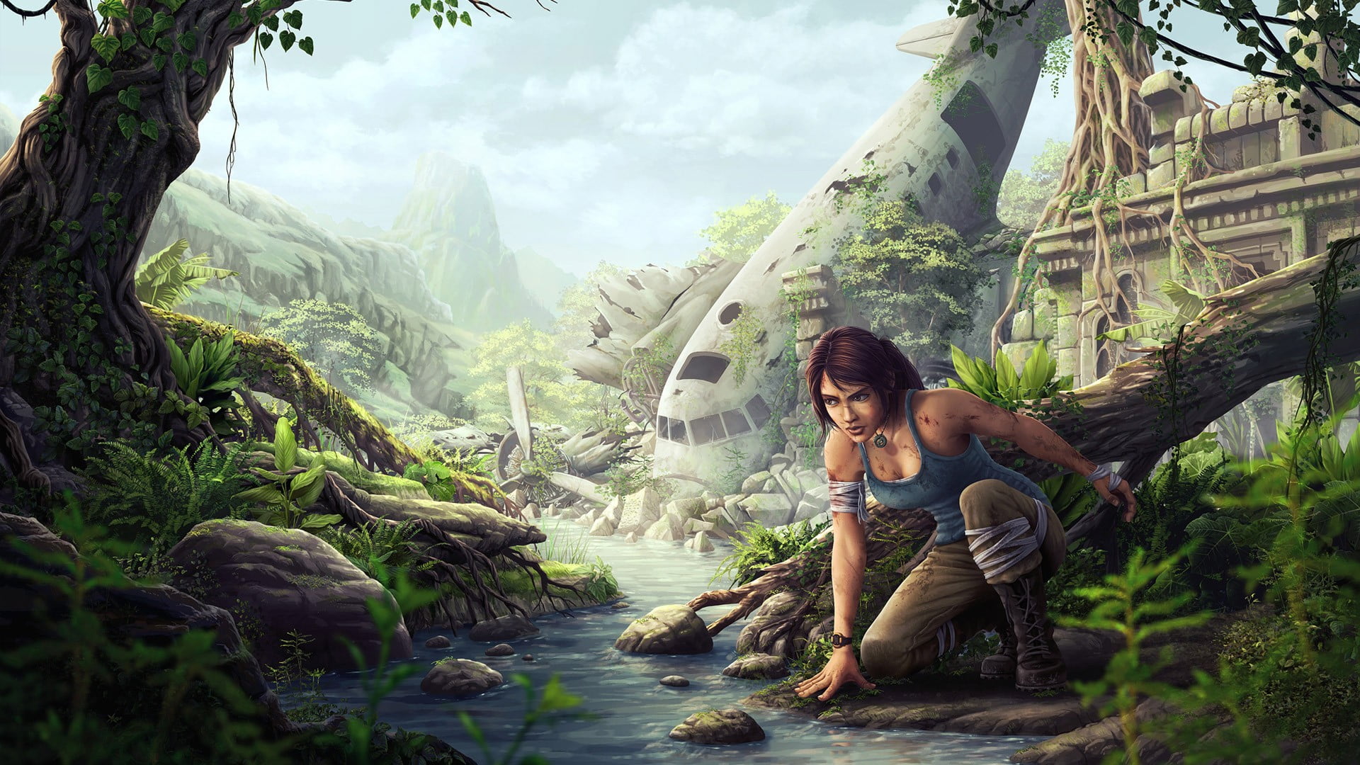 casual clothing, 1080P, tree, video games, young adult, video game characters, mountain, video game girls, full length, sitting, day, artwork, Lara Croft, HD Wallpaper