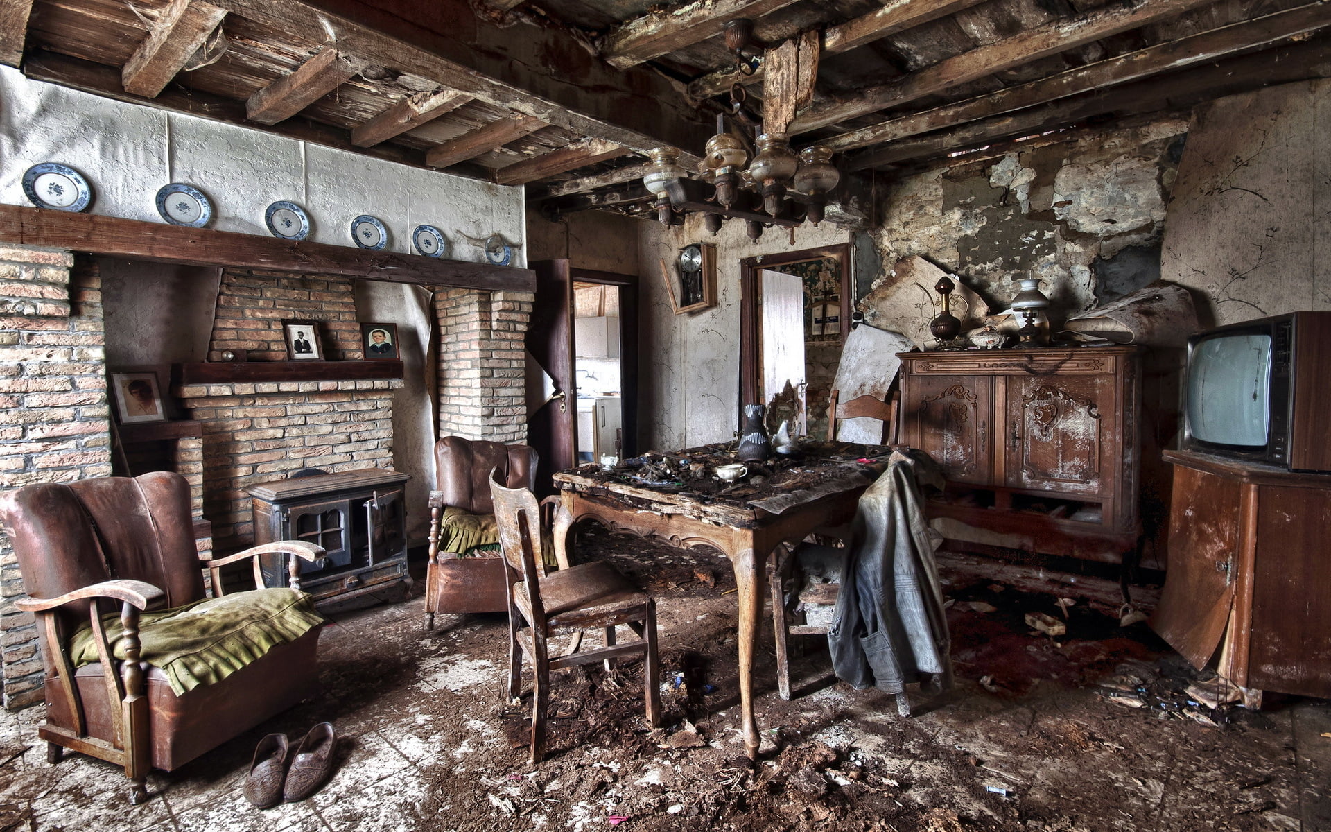 building, table, absence, 1080P, square, rustic, indoors, ceiling, retro Styled, industry, furniture, seat, window, deterioration, wood - Material, built structure, HD Wallpaper