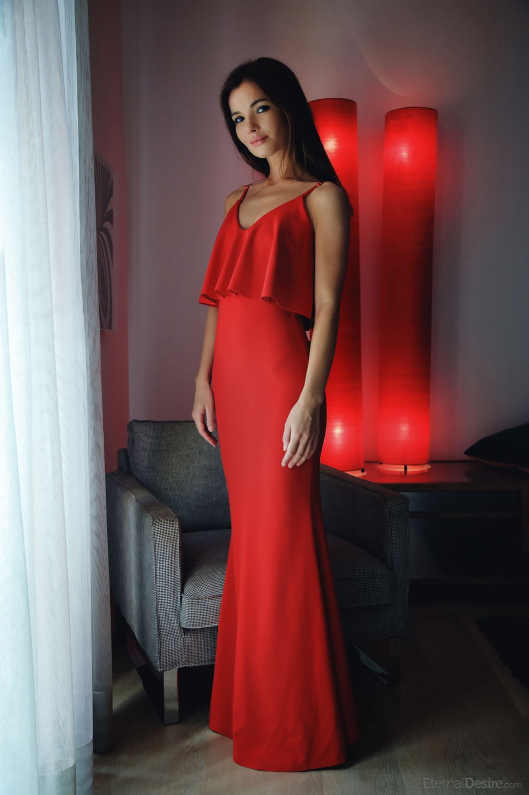 model, red dress, bare shoulders, 720P, women, Eternal Desire Magazine, Phone HD Wallpaper