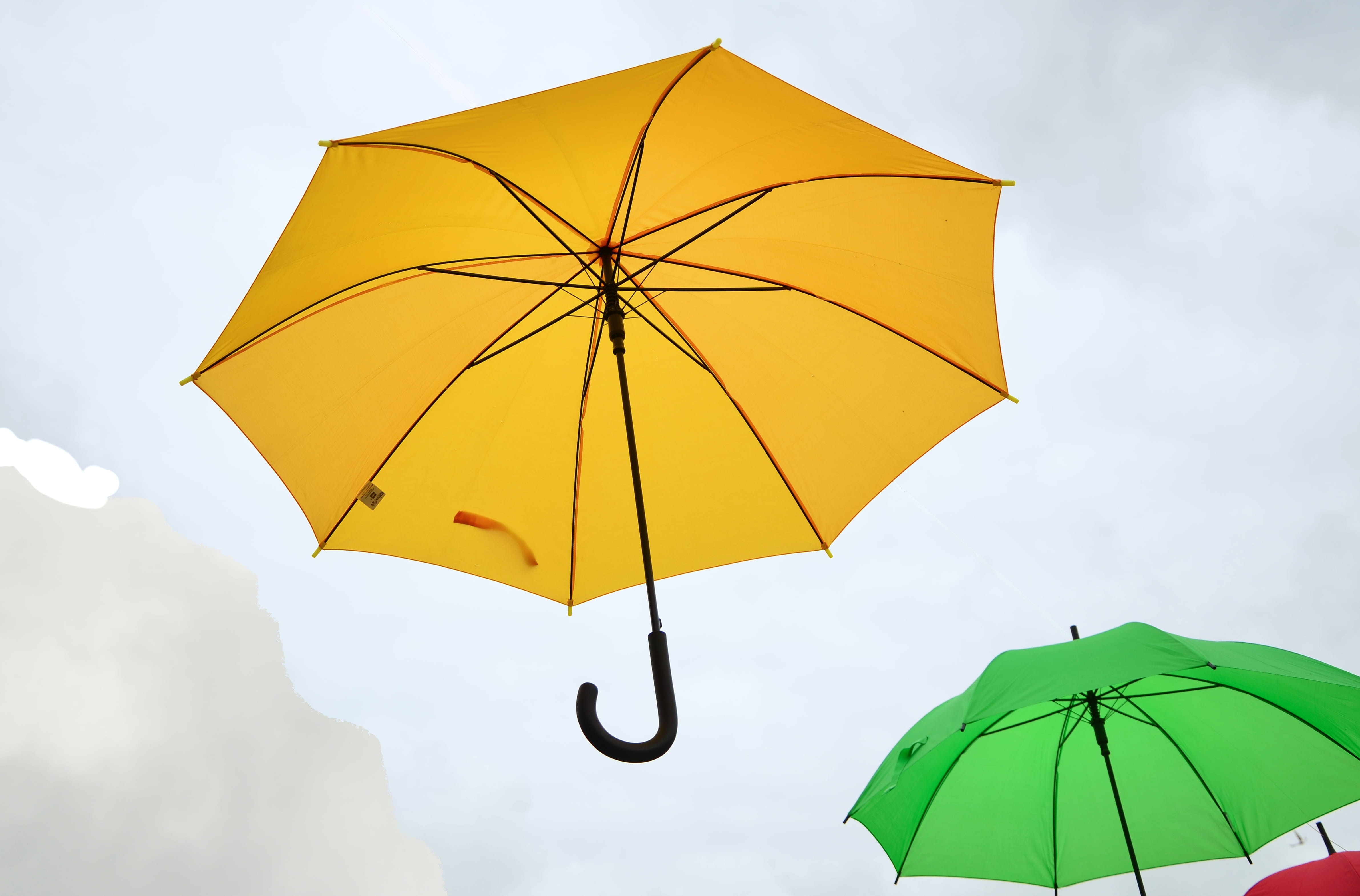 outdoors, no people, high, sheltering, day, safety, colorful, umbrellas, exceptional, 4K, parasol, airy, sky, low angle view, meteorology, umbrella, cloud - sky, HD Wallpaper