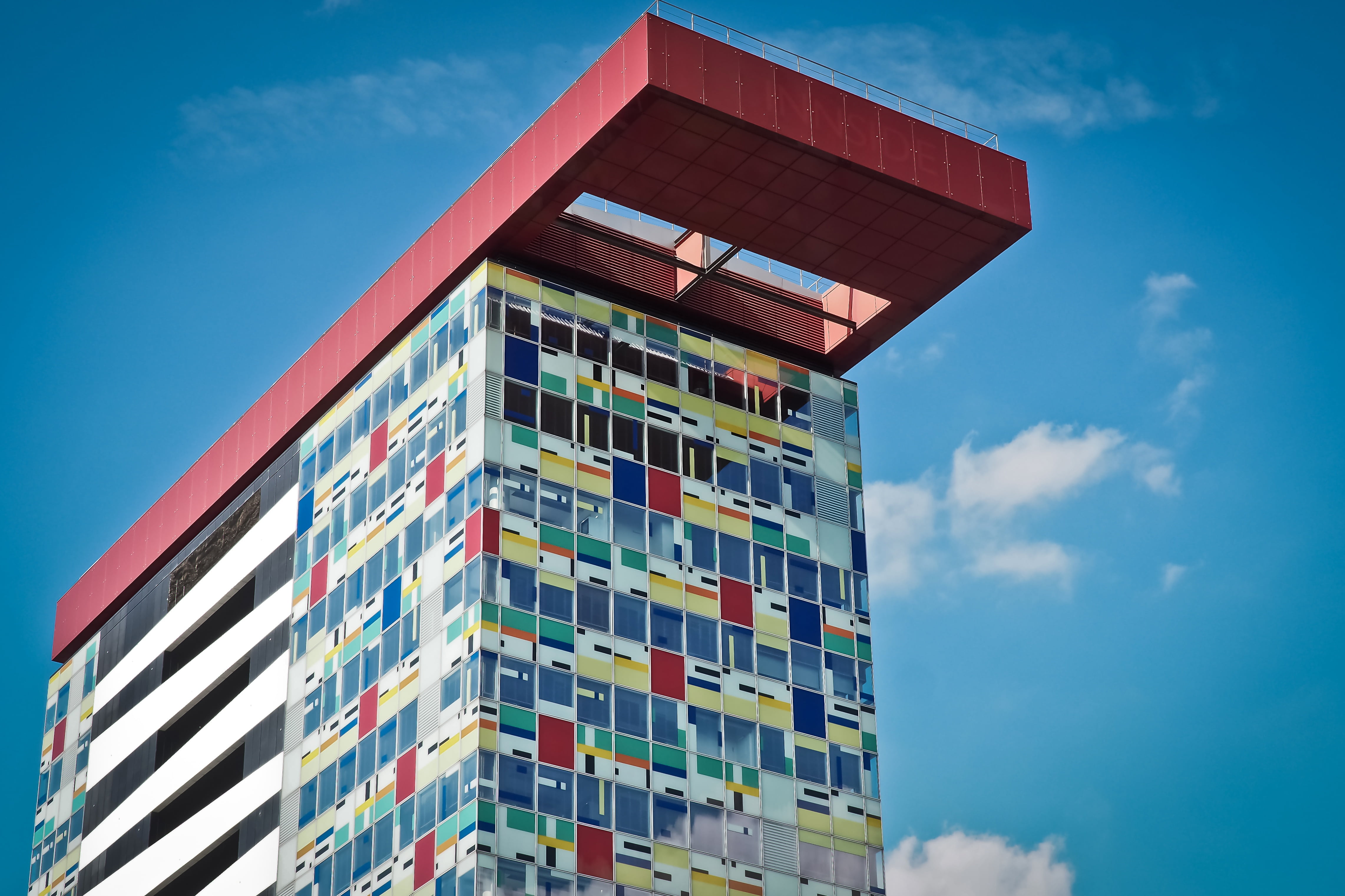 tall - high, exceptional, high, 4K, artists, geometric, building, blue, view, sky, düsseldorf, urban Scene, outdoors, low angle view, colorful, built Structure, HD Wallpaper