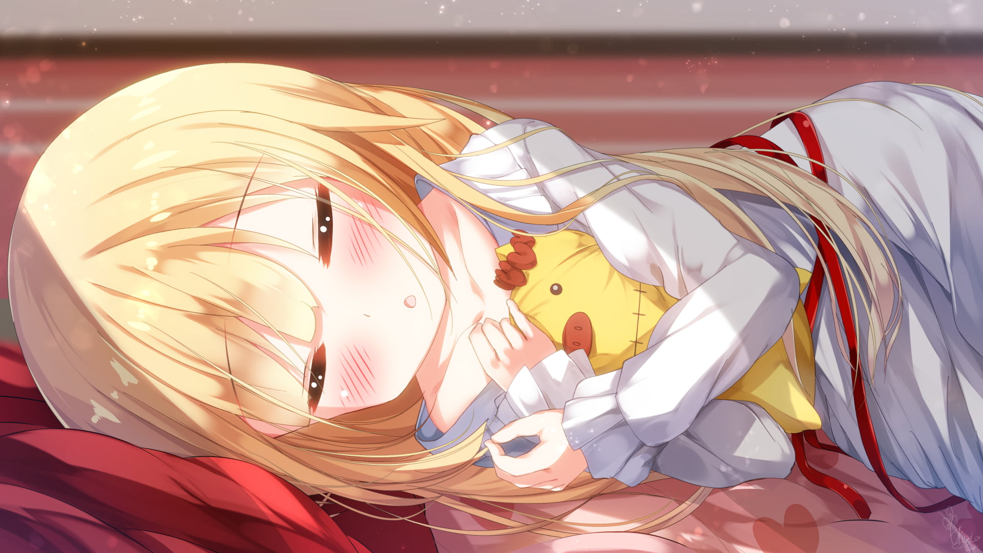 sleeping, Hololive, 1080P, blonde, blush, Akai Haato, anime, anime girls, closed eyes, Virtual Youtuber, HD Wallpaper