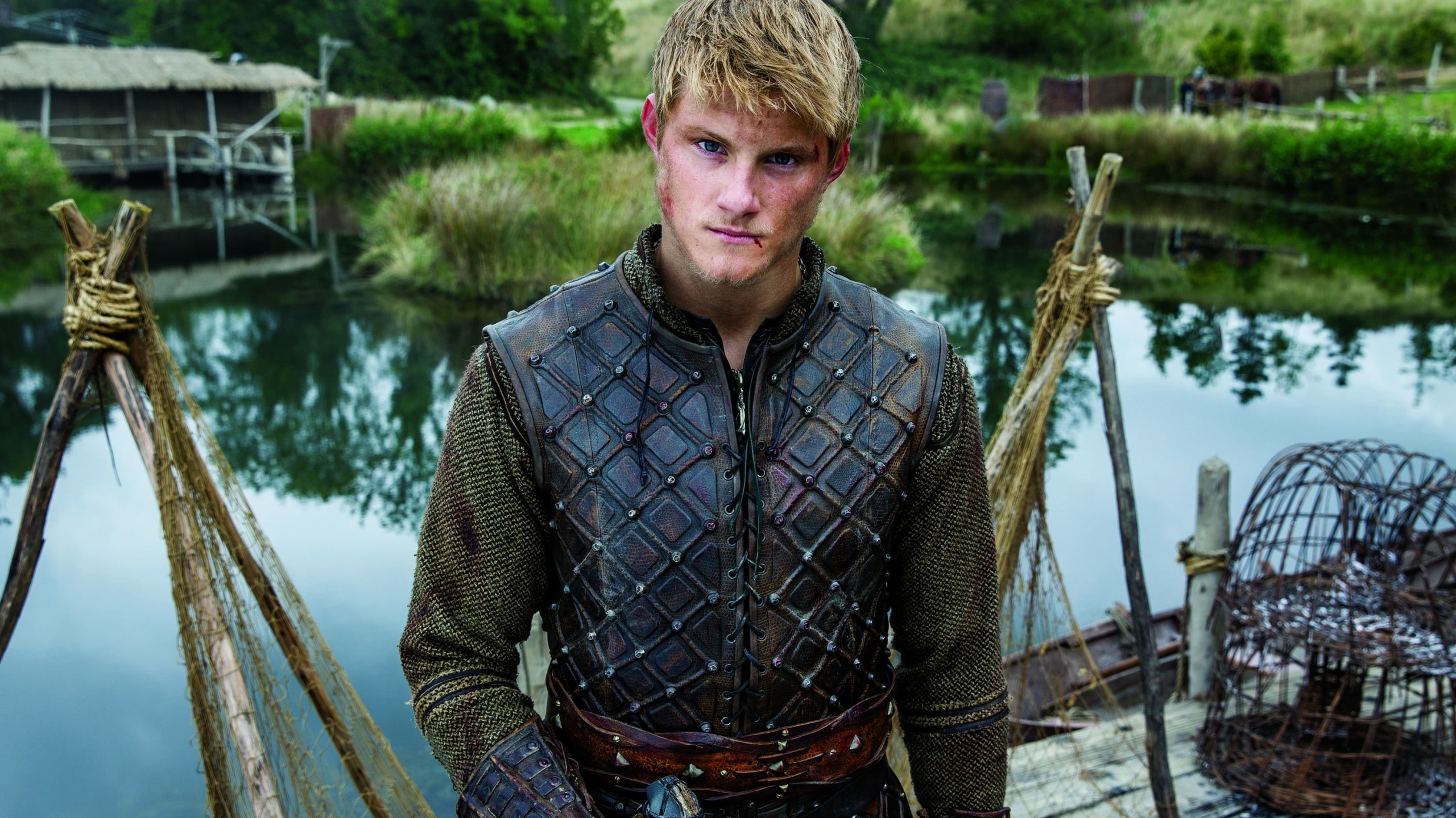black, actor, Most Popular Celebs in 2015, Best TV Series of 2015, sleeved, 2K, leather, man, Alexander Ludwig, Vikings, long, shirt, HD Wallpaper