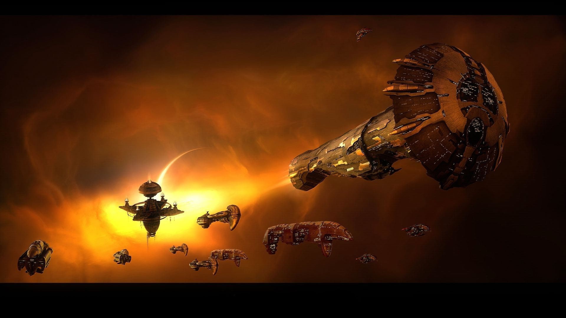 auto post production filter, mid-air, flying, eve eve online amarr space spaceship, full length, sport, sky, nature, outdoors, orange color, fire, 1080P, HD Wallpaper