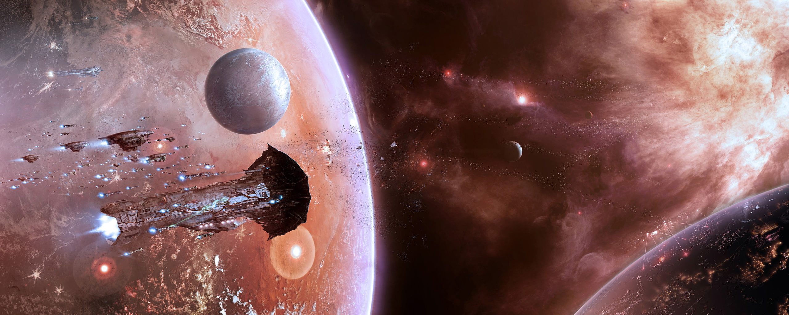 planet - space, spaceship, galaxy, digital composite, sky, space and astronomy, solar system, EVE Online, contemplation, star - space, nature, 2K, panoramic, HD Wallpaper
