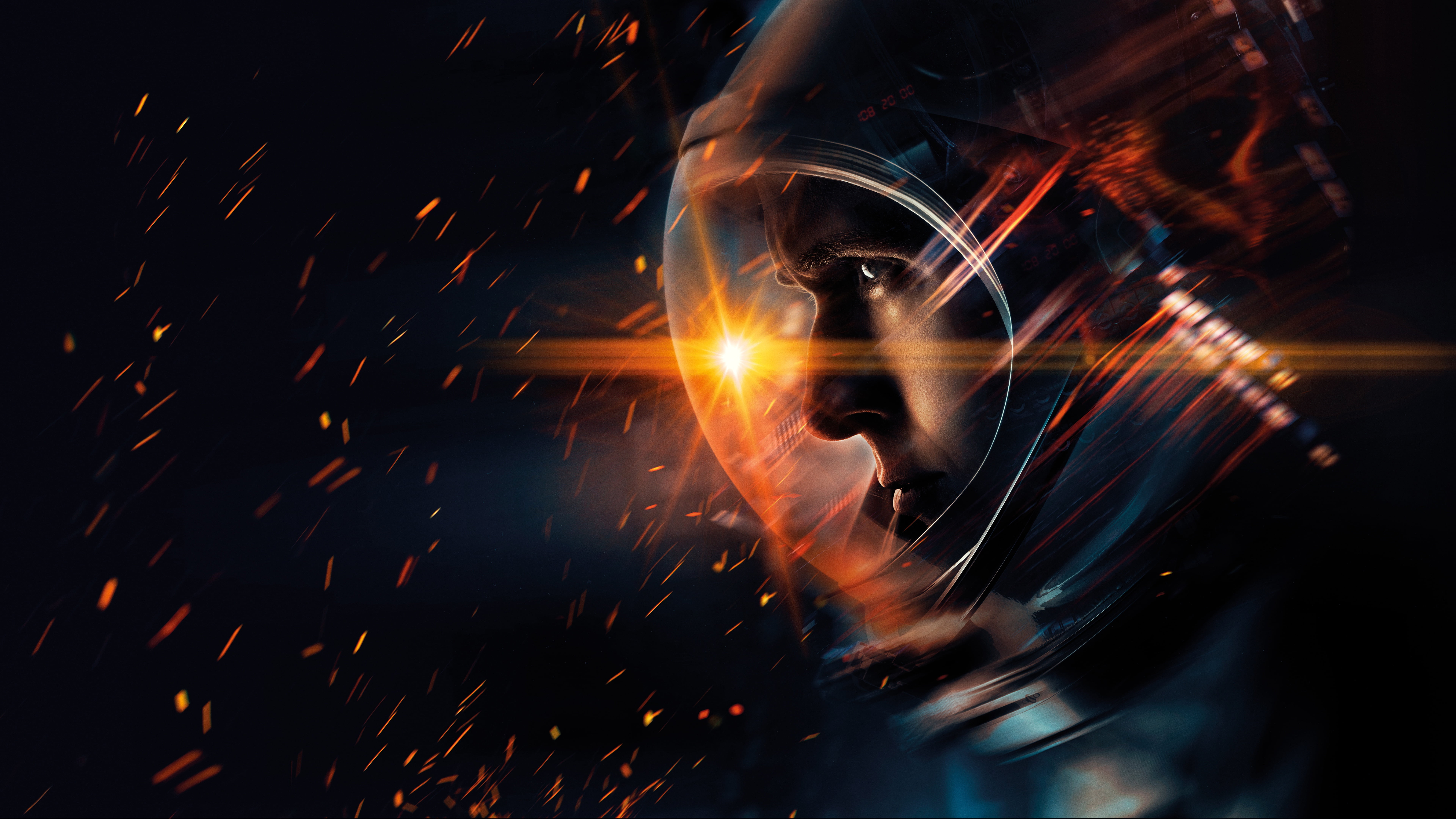 the suit, sparks, biography, Neil Armstrong, Man on the moon, black background, poster, Ryan Gosling, 8K, astronaut, First Man, HD Wallpaper