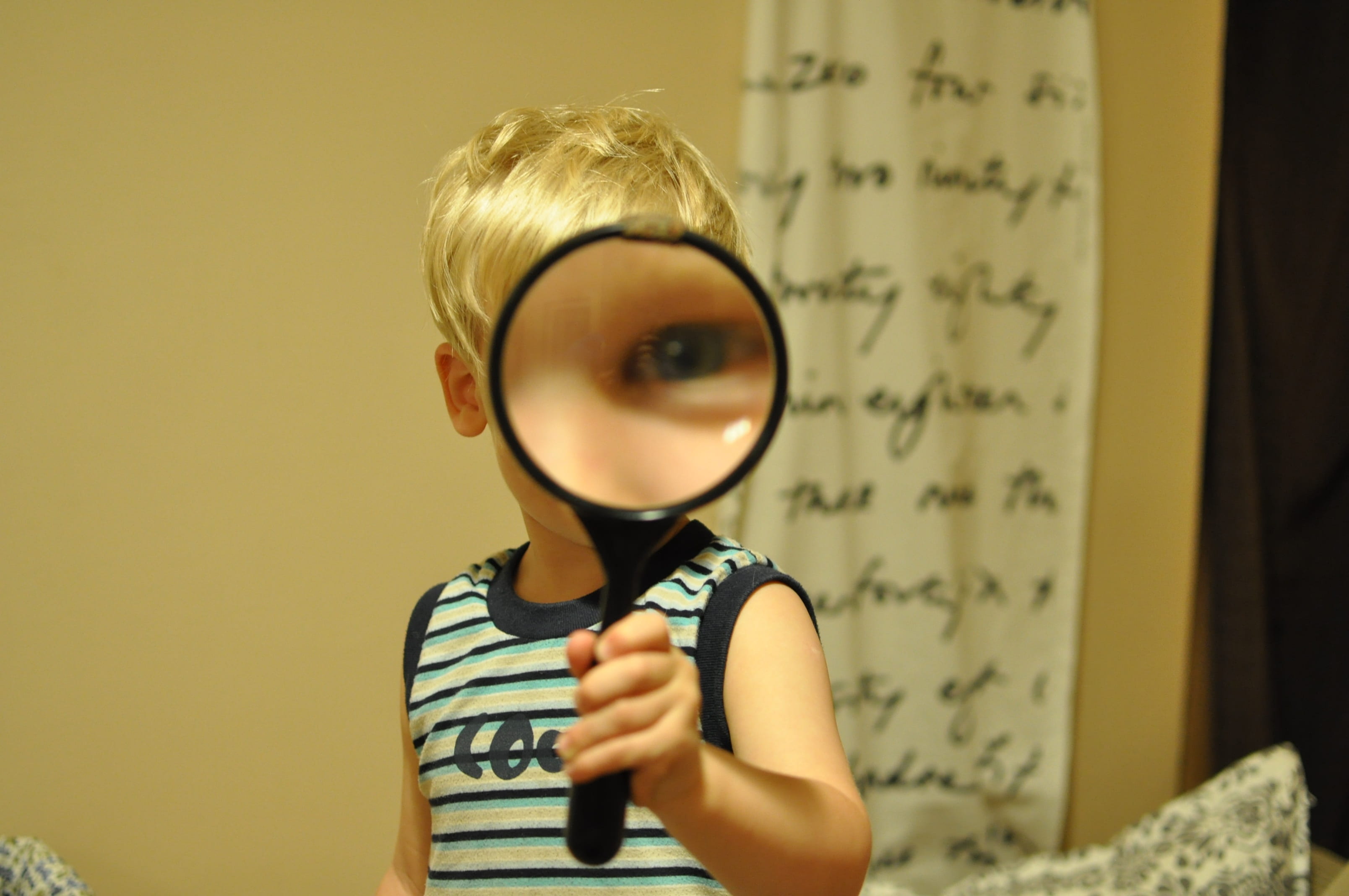 blond hair, glasses, holding, indoors, child, looking through an object, boy, casual clothing, magnifying, 2K, one person, funny, boys, text, front view, HD Wallpaper