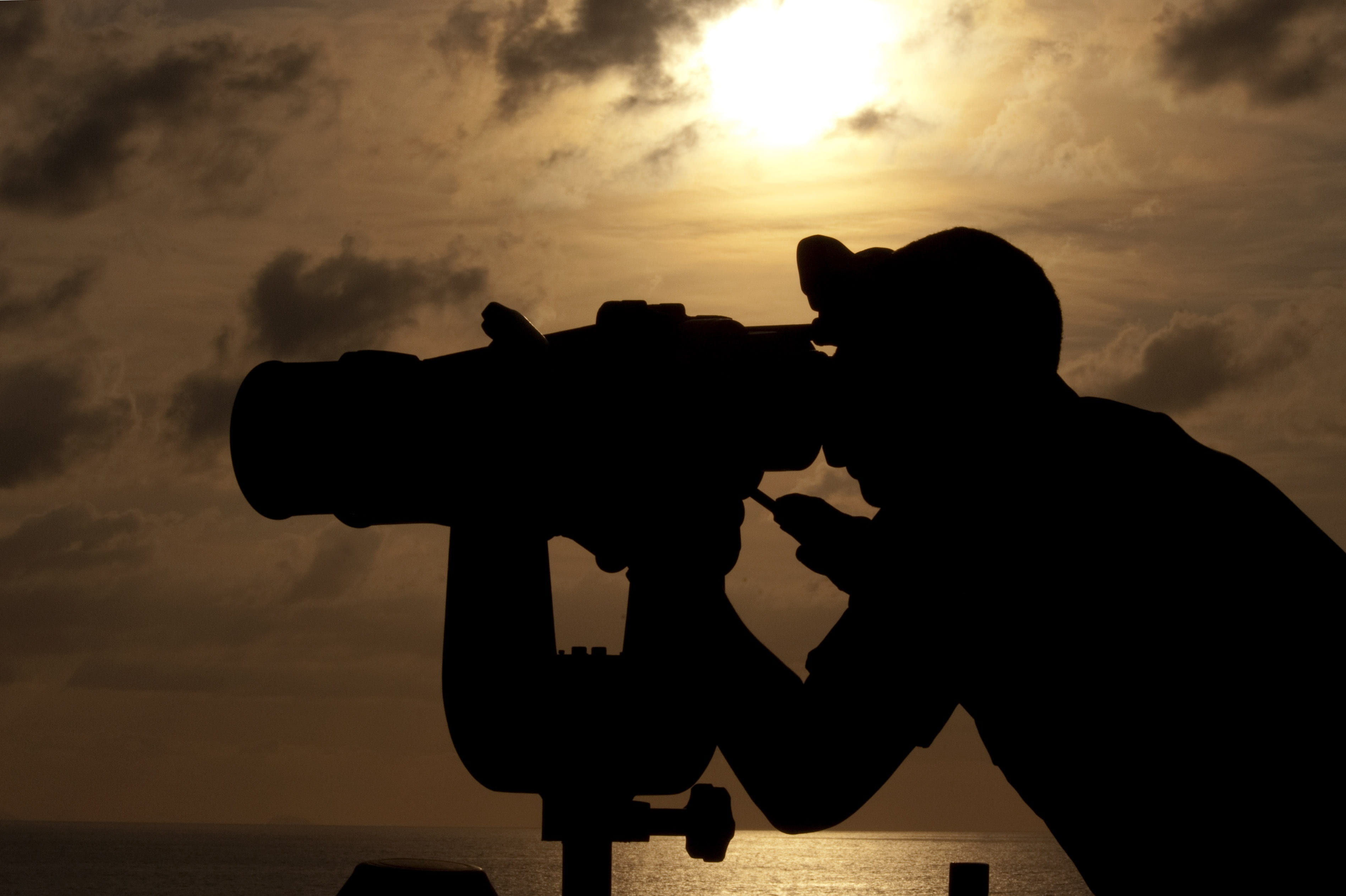 bridge, dusk, navy binoculars, optics, lifestyles, evening, military, vessel, looking through an object, naval, nautical, sky, telescope, nature, leisure activity, HD Wallpaper