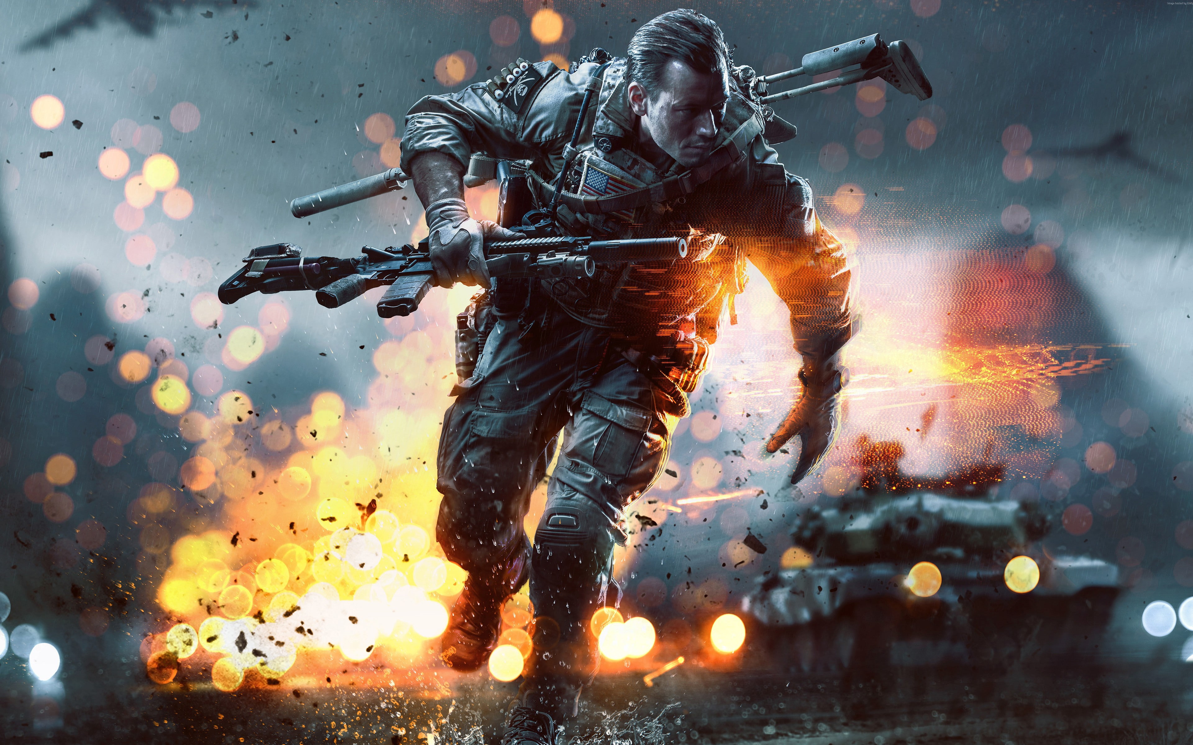uniform, outdoors, aggression, security, gun, war, machine gun, sport, weapon, Battlefield Hardline, bokeh, special forces, rifle, protection, rain, warning sign, HD Wallpaper
