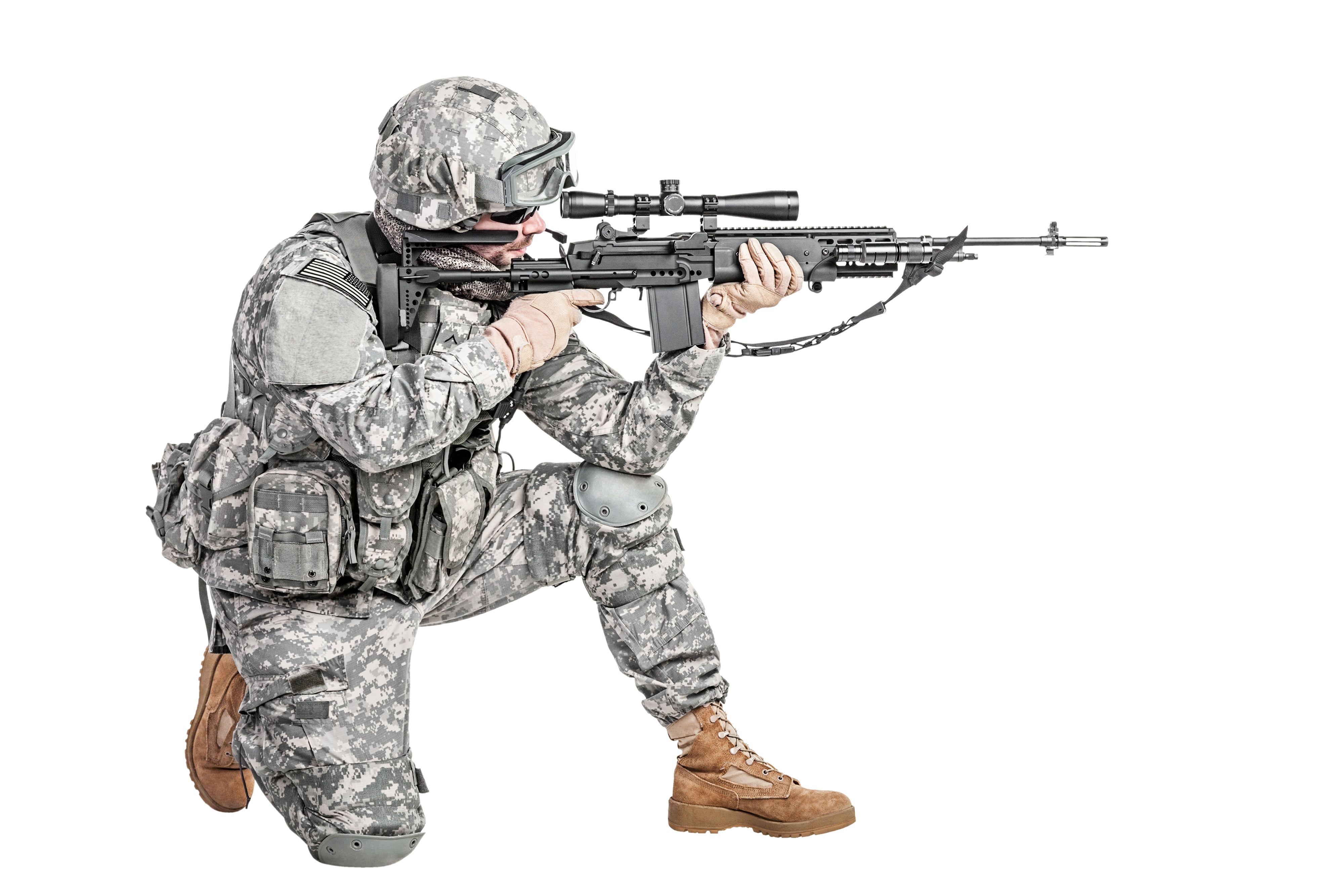 weapons, soldiers, sniper, white background, equipment, gloves, fighter, camouflage, glasses, shoes, helmet, uniform, pose, optical sight, 4K, rifle, HD Wallpaper