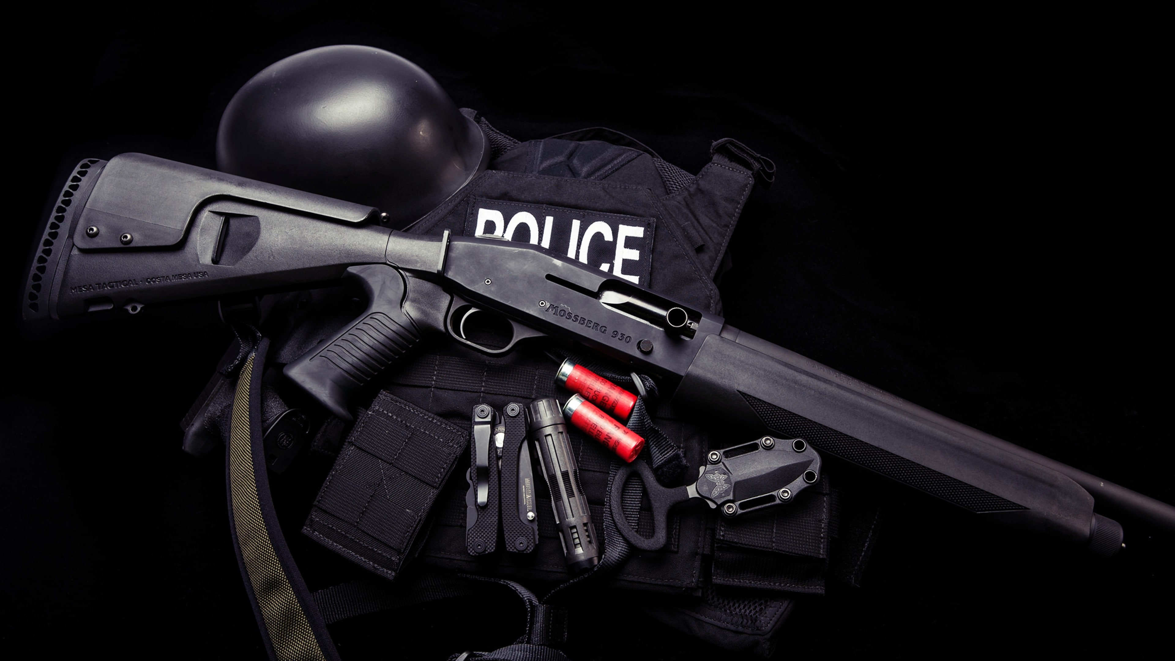 uniform, Mossberg 930, Ammunition, police, knife, background, black, tactical, vest, 4K, shotgun, shells, HD Wallpaper