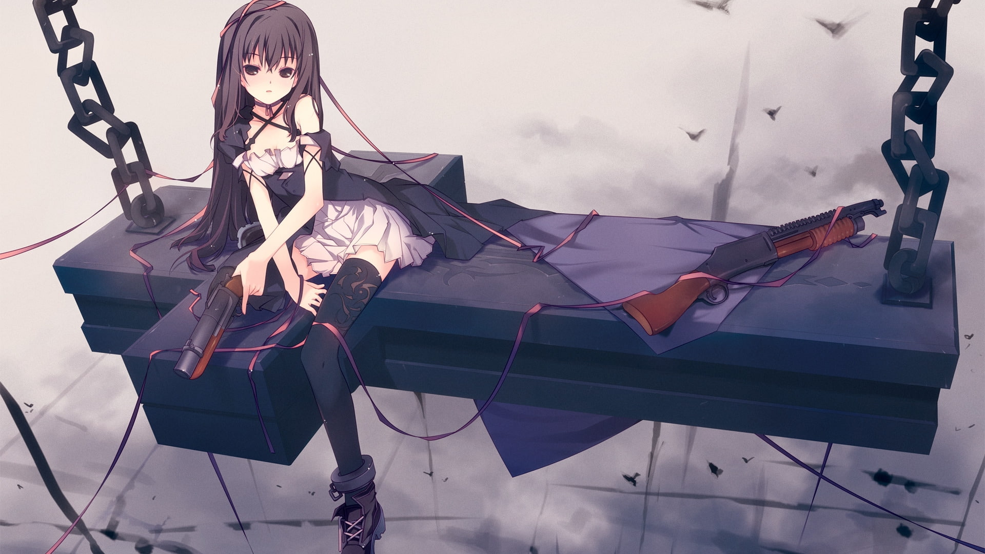 shotguns, Guns, anime, highs, x, hd, girls, art, chains, 1080P, thigh, hot, HD Wallpaper