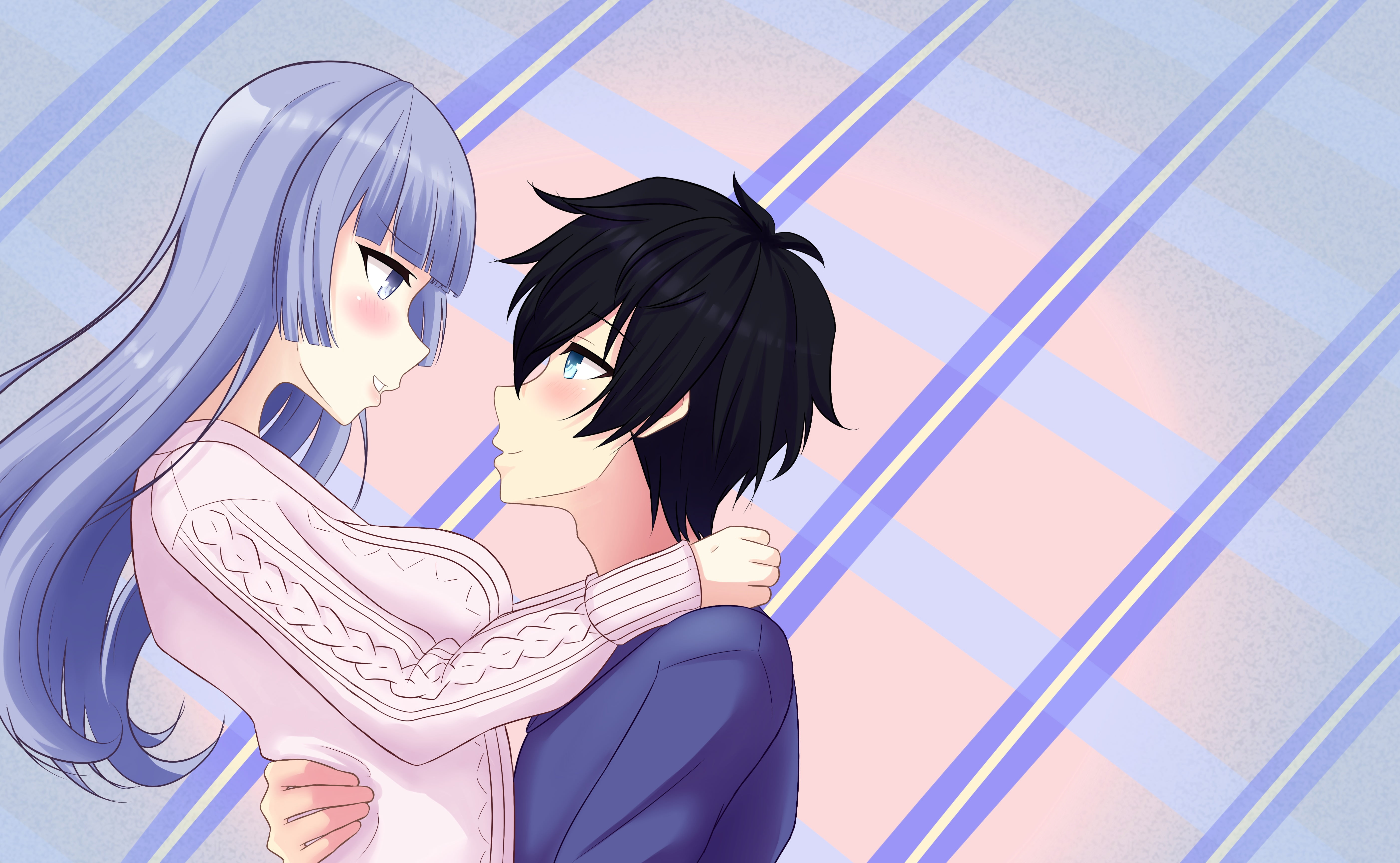 original characters, black hair, indoors, casual clothing, fashion, couple, purple eyes, Satou Matsuo, digital composite, simple background, blue eyes, HD Wallpaper