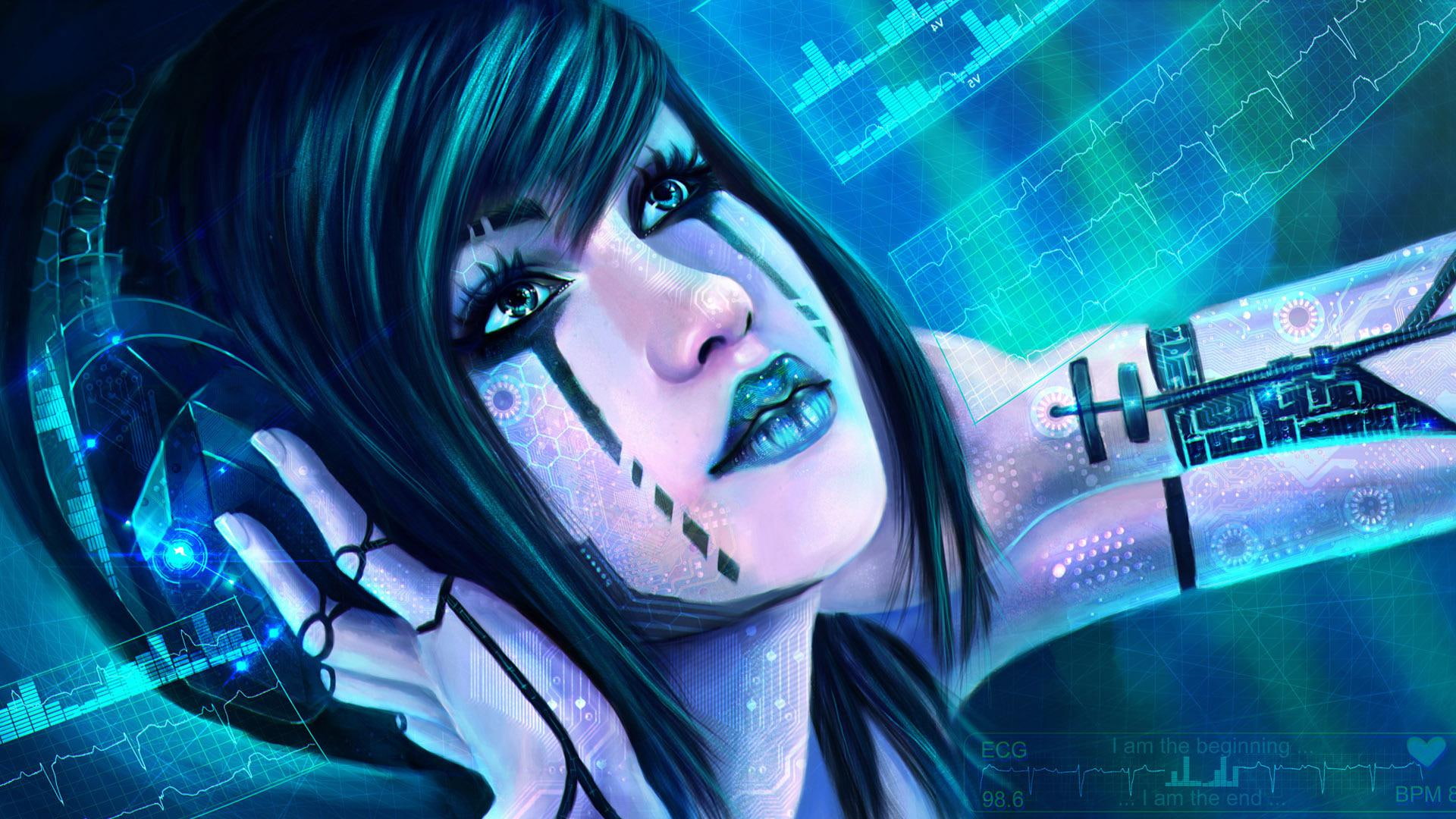 music, 1920x1080, listening, cyborg, woman, anime, headphones, wearing, fantasy, character, 1080P, female, illustration, girl, HD Wallpaper