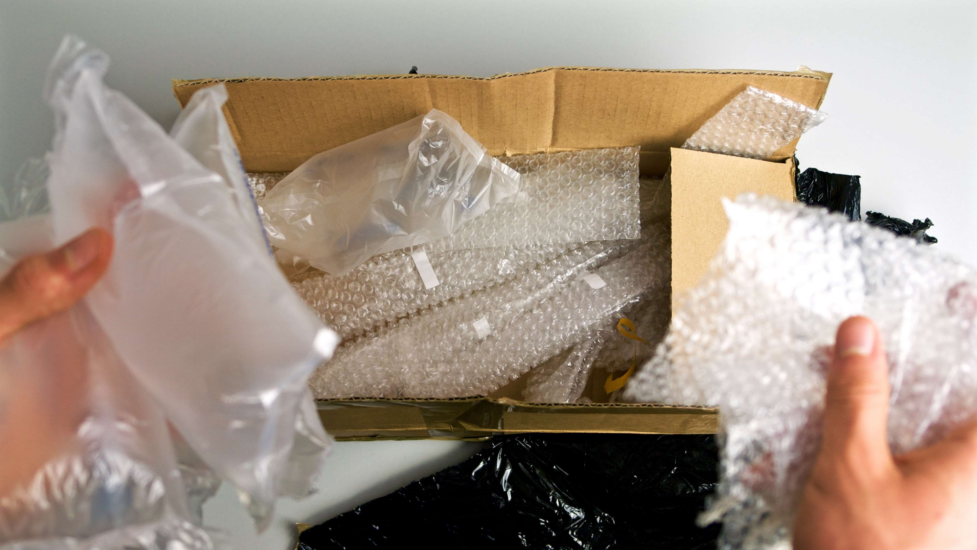 unboxing, container, close-up, group of objects, polythene, indoors, white color, bag, package, paper, food and drink, selective focus, 4K, cardboard box, HD Wallpaper