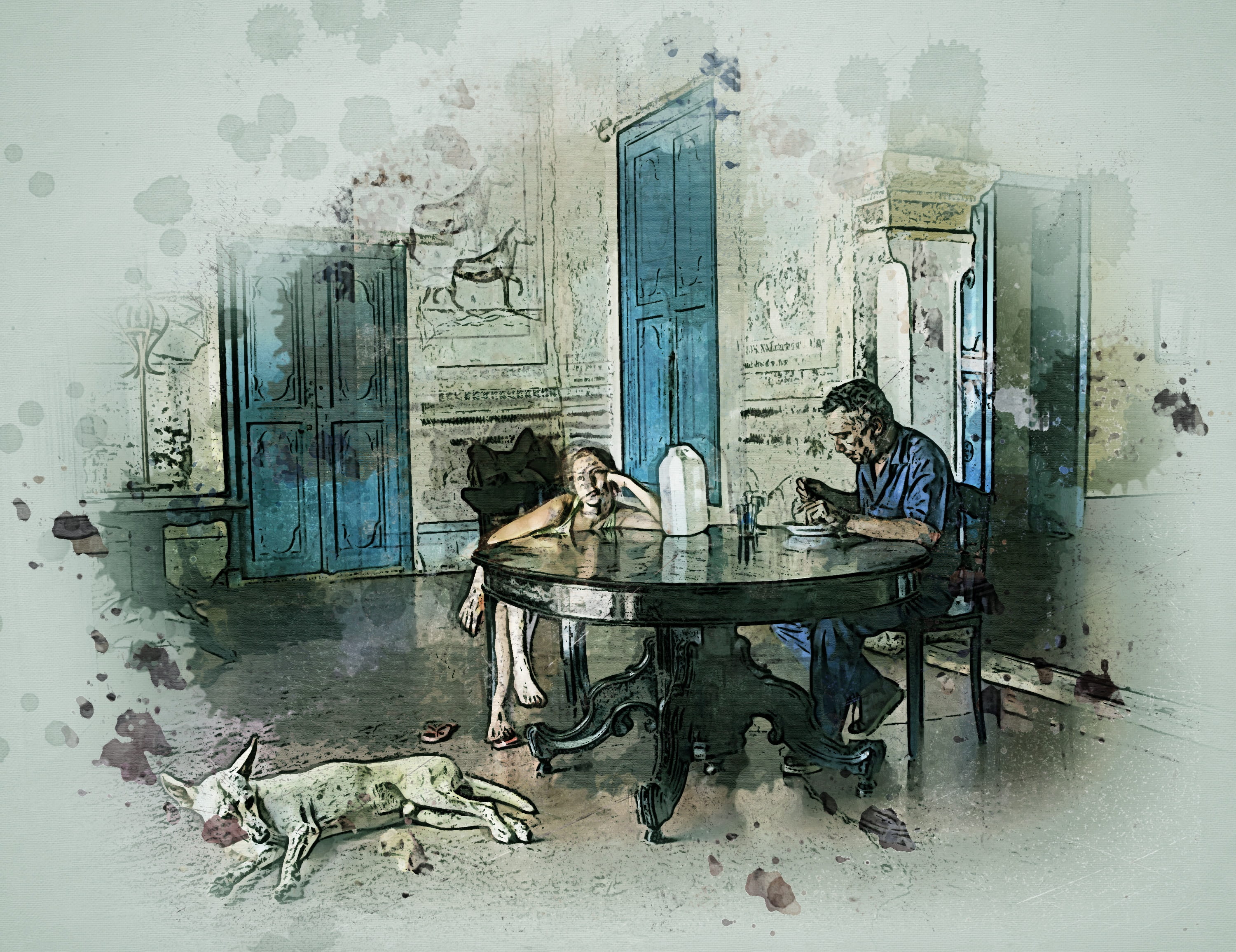 young women, oil painting, men, apartment, 2K, painted image, lunch, occupation, tired, two people, digital art, paint, inside, table, pause, house, man, HD Wallpaper