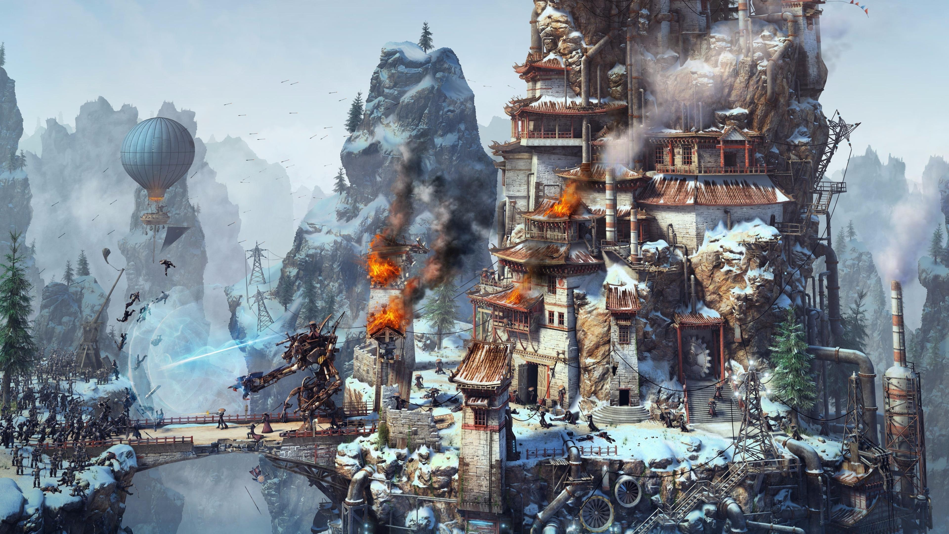 castle, tower, village, 4K, fantasy art, ninja, steampunk, phantom, robot, fantasy world, balloon, HD Wallpaper