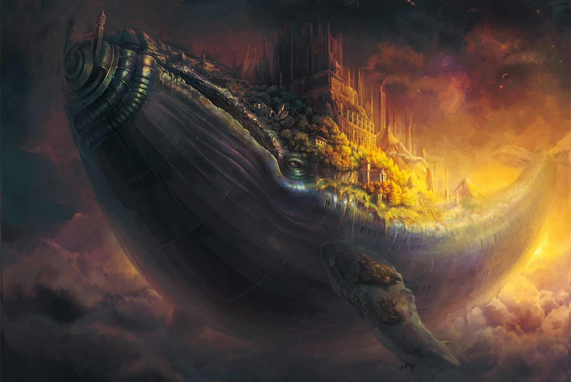 sky, Flying, 1080P, city, Whale, Steampunk, fish, castle, the, art, fantasy, in, HD Wallpaper