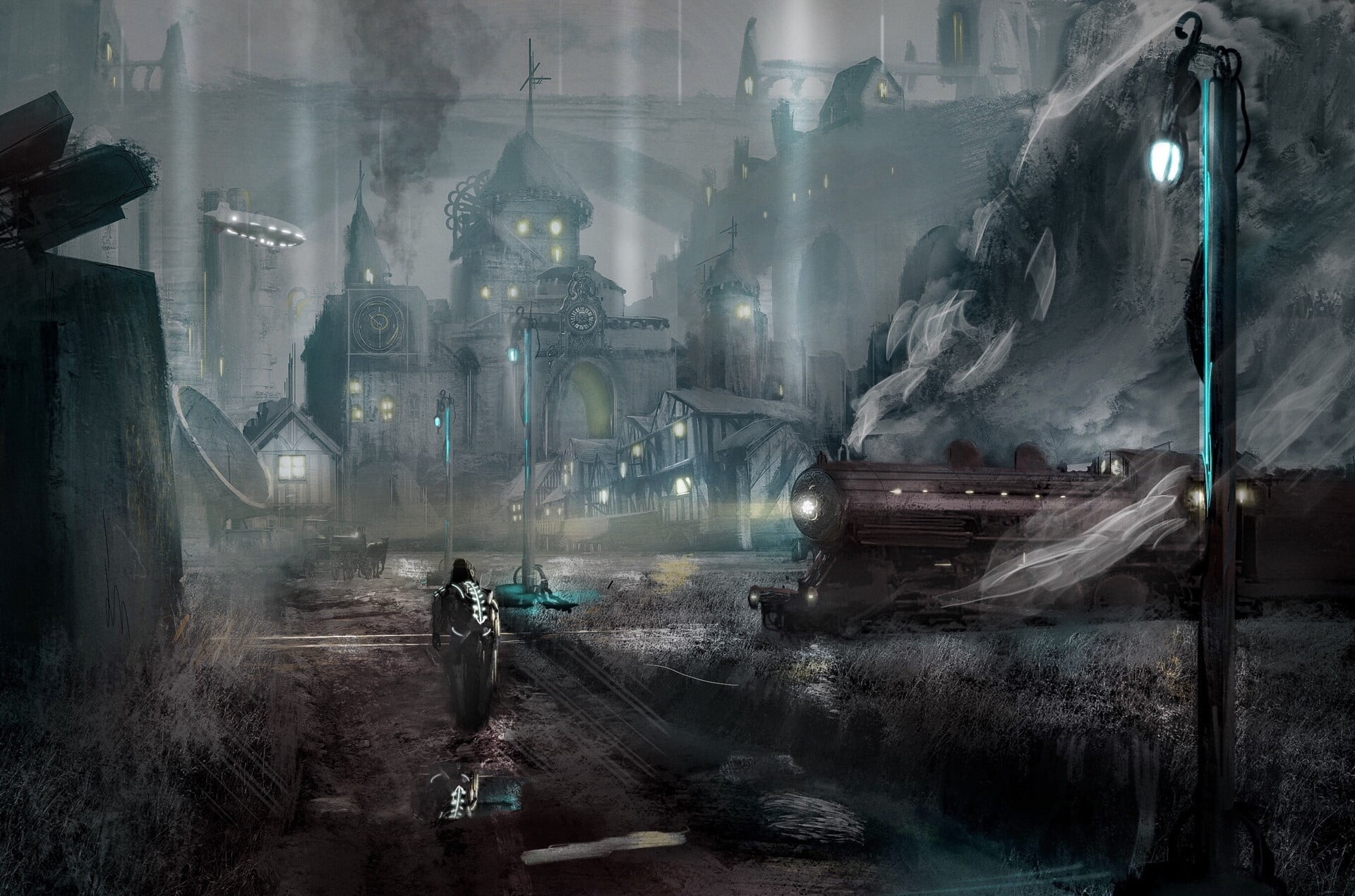 1080P, Train, Fantasy, Steampunk, City, Airplane, HD Wallpaper