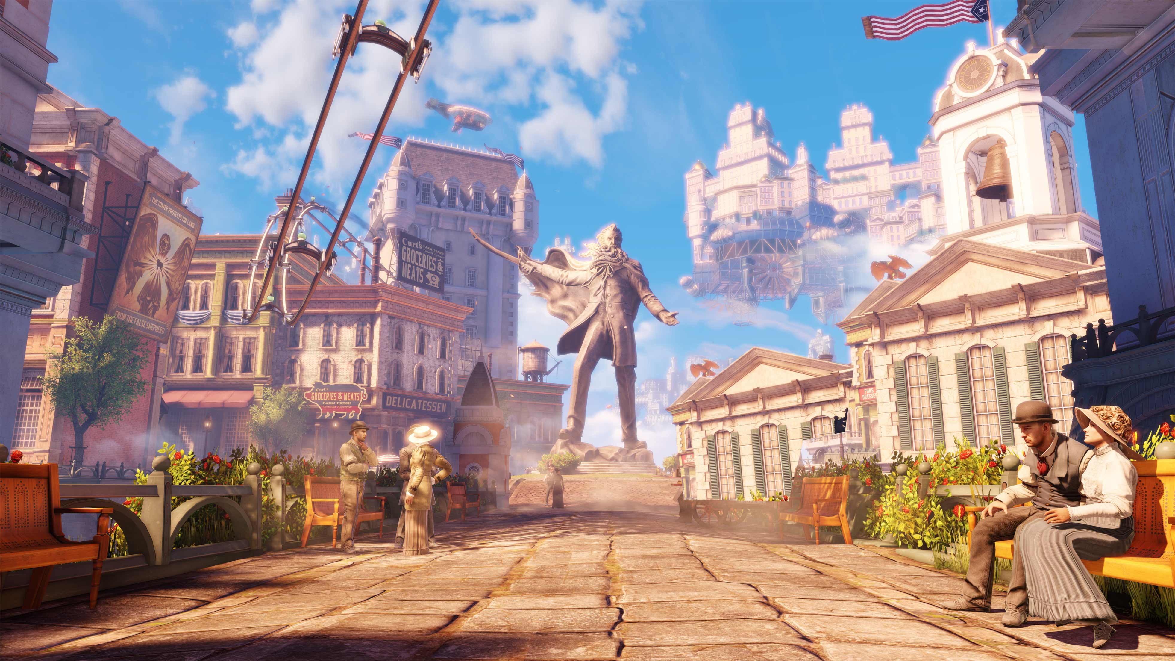 infinite, steampunk, cities, bioshock, statue, 4K, HD Wallpaper