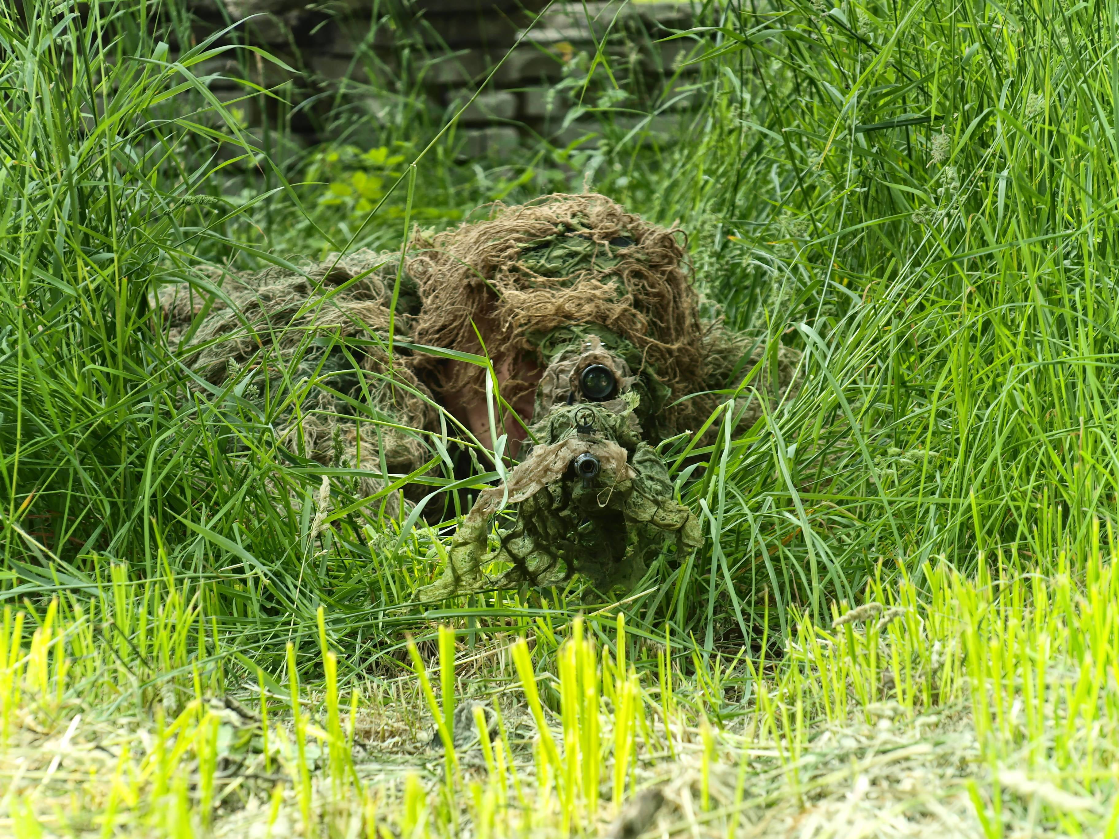 plant, brown, one animal, representation, growth, field, animal representation, suit, Sniper, no people, day, mammal, ambush, grass, green, ghillie, camouflage, HD Wallpaper