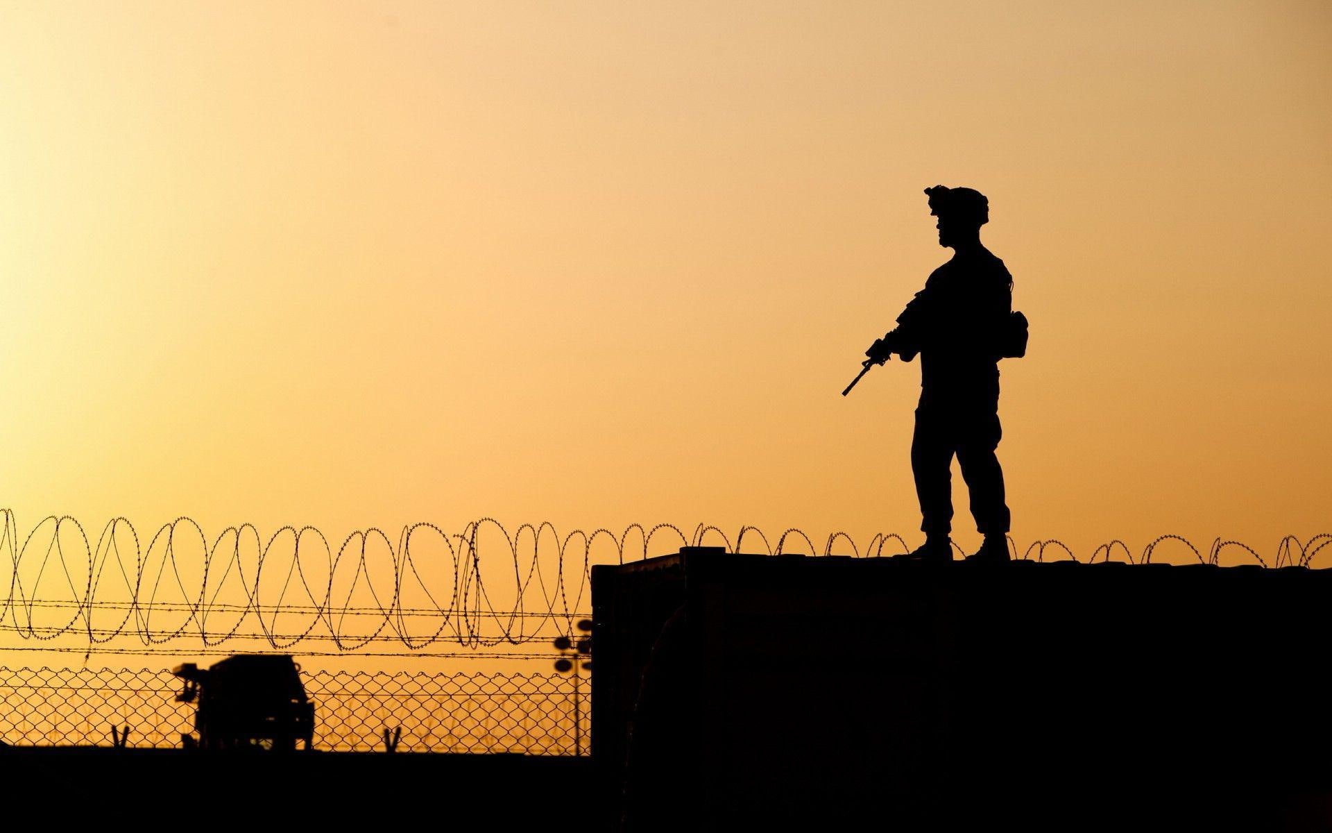 holding, fence, person, 1080P, gun, soldier, photography, silhouette, 1920x1200, HD Wallpaper