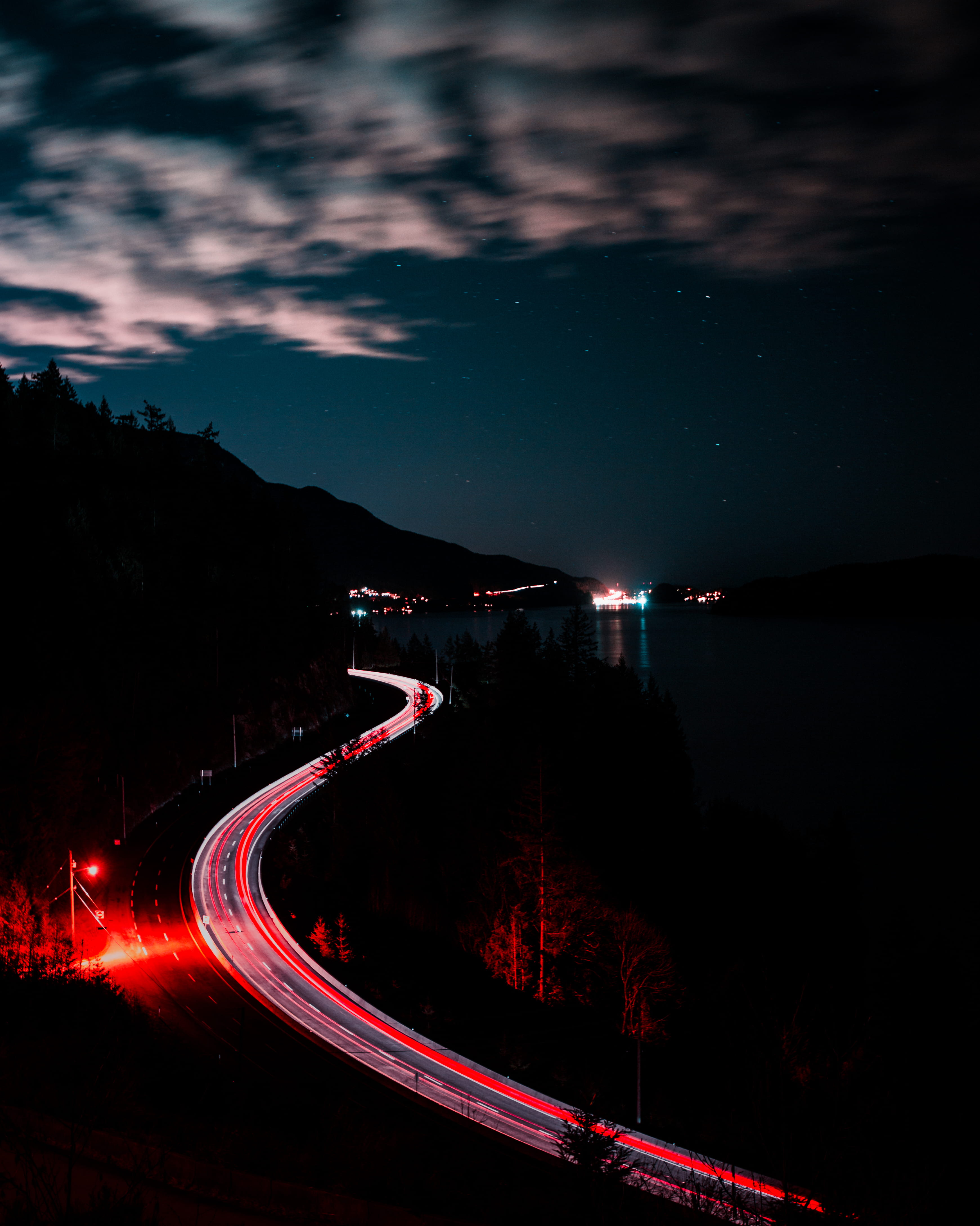 lights, traffic, light trail, timelapse, star - space, car light, street, speed, dark, tree, no people, motion, water, forest, cloud - sky, long exposure, Phone HD Wallpaper