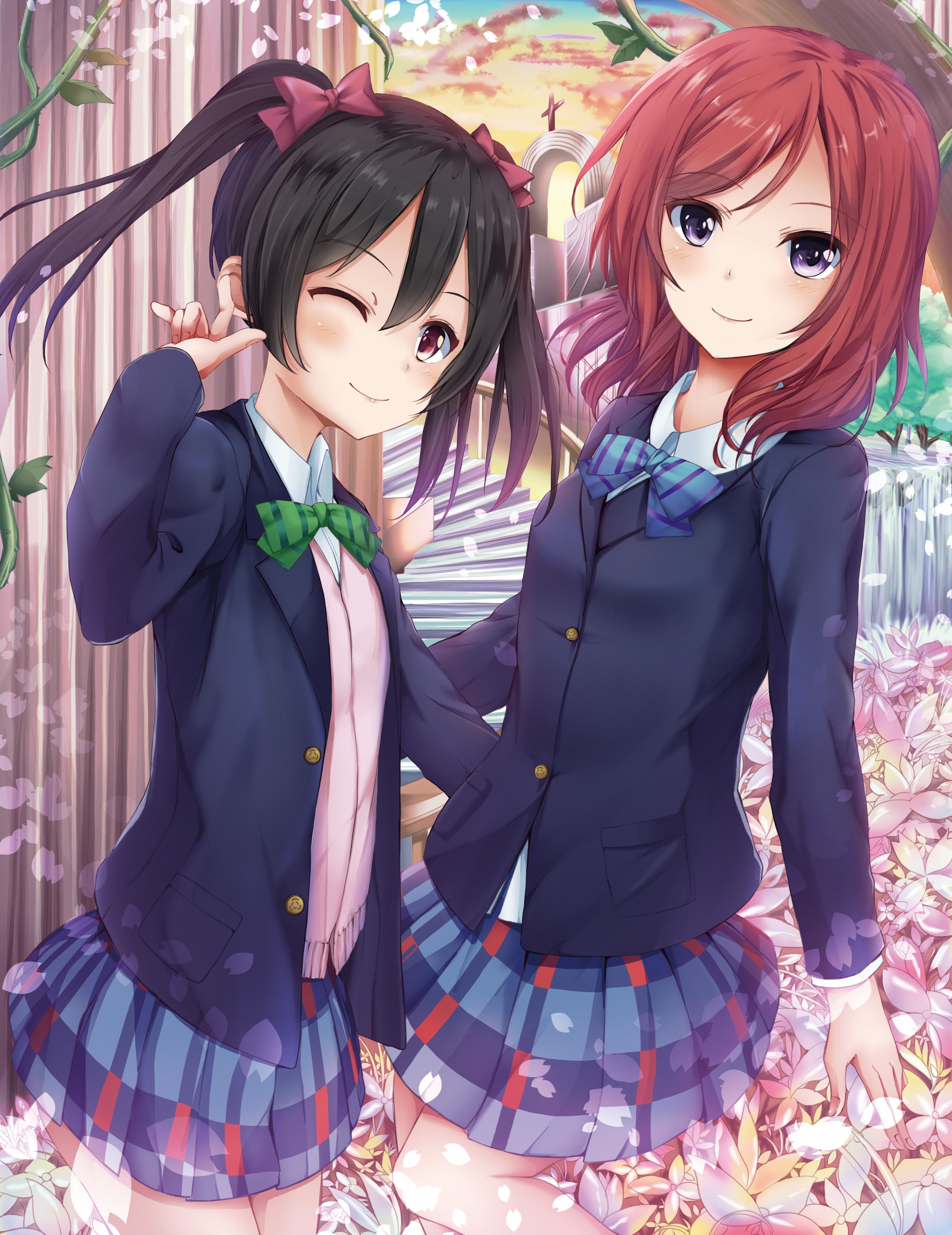 Nishikino Maki, flowers, anime girls, Love Live!, Yazawa Nico, clouds, sky, trees, 2K, ribbon, school uniform, twintails, anime, flower petals, Phone HD Wallpaper