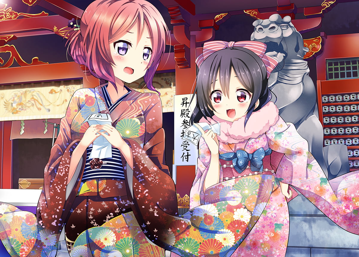 kimono, Love Live!, childhood, people, pink, clothing, art and craft, females, holding, 480P, two, looking away, pink hair, brunette, anime girls, creativity, HD Wallpaper