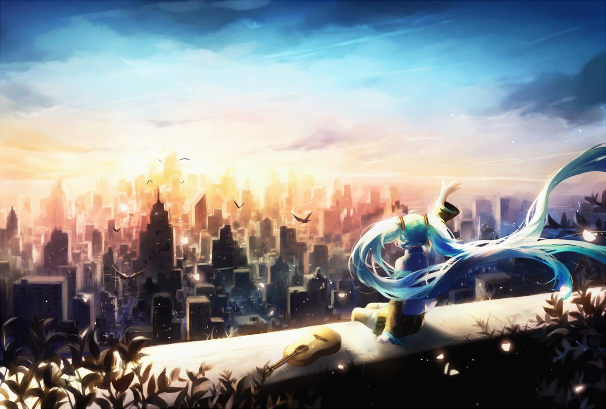 back, birds, female, luxury, city, clouds, building exterior, skyscraper, cloud - sky, guitar, Vocaloid, travel destinations, 480P, nature, petals, no people, HD Wallpaper