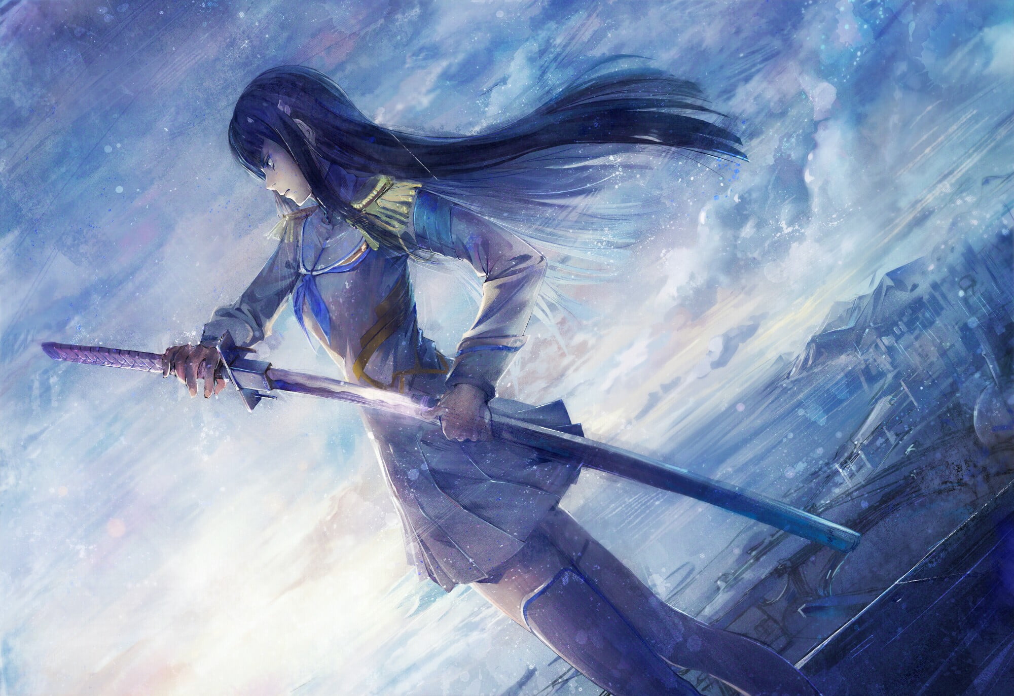 Kiryuin Satsuki, katana, illustration, creativity, air vehicle, flying, sky, nature, artwork, thigh-highs, 1080P, Kill la Kill, clothing, sea, adult, anime girls, HD Wallpaper