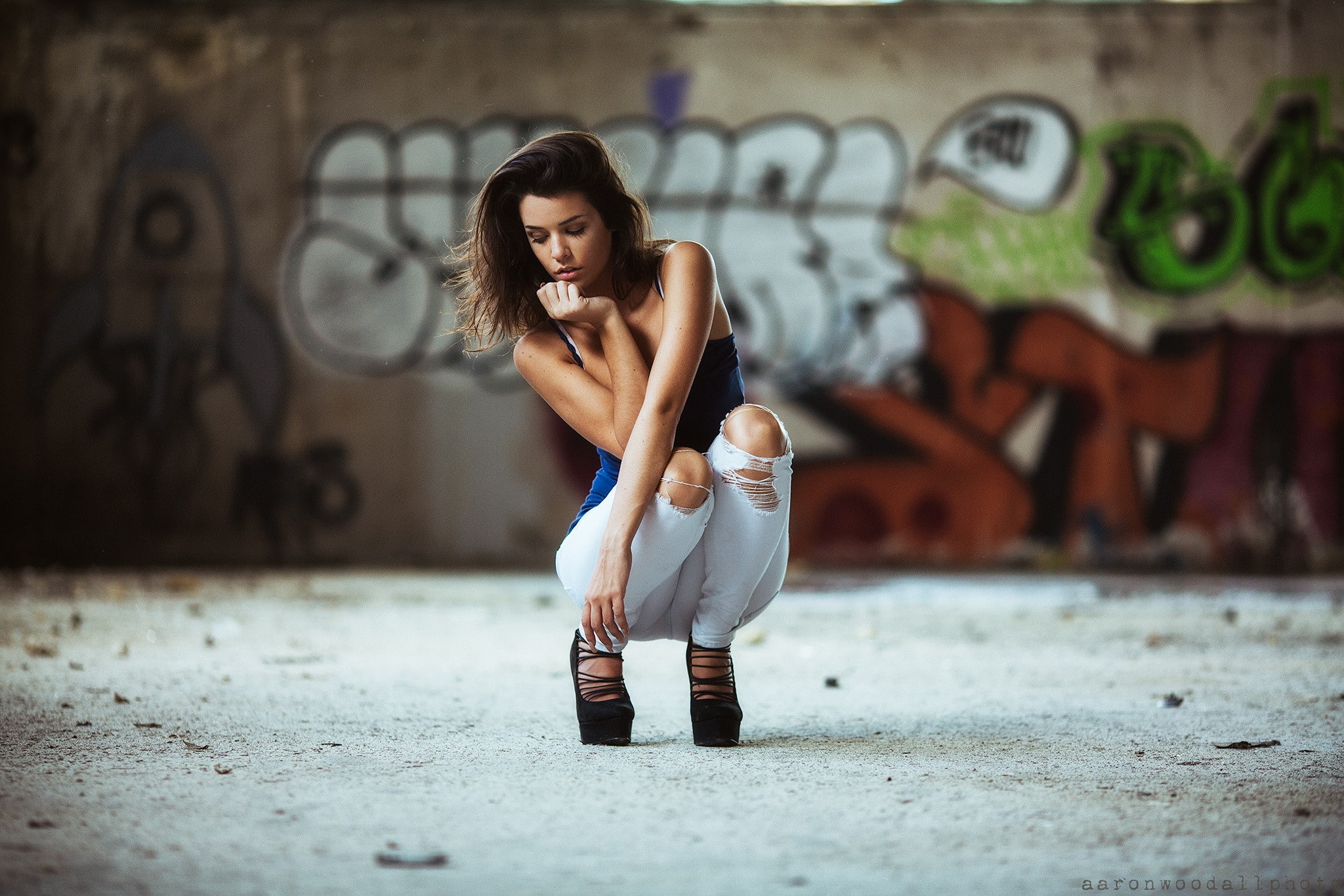 Crouching, portrait, High Heels, Torn Jeans, Graffiti, women, pants, 1080P, Aaron Woodall, model, HD Wallpaper
